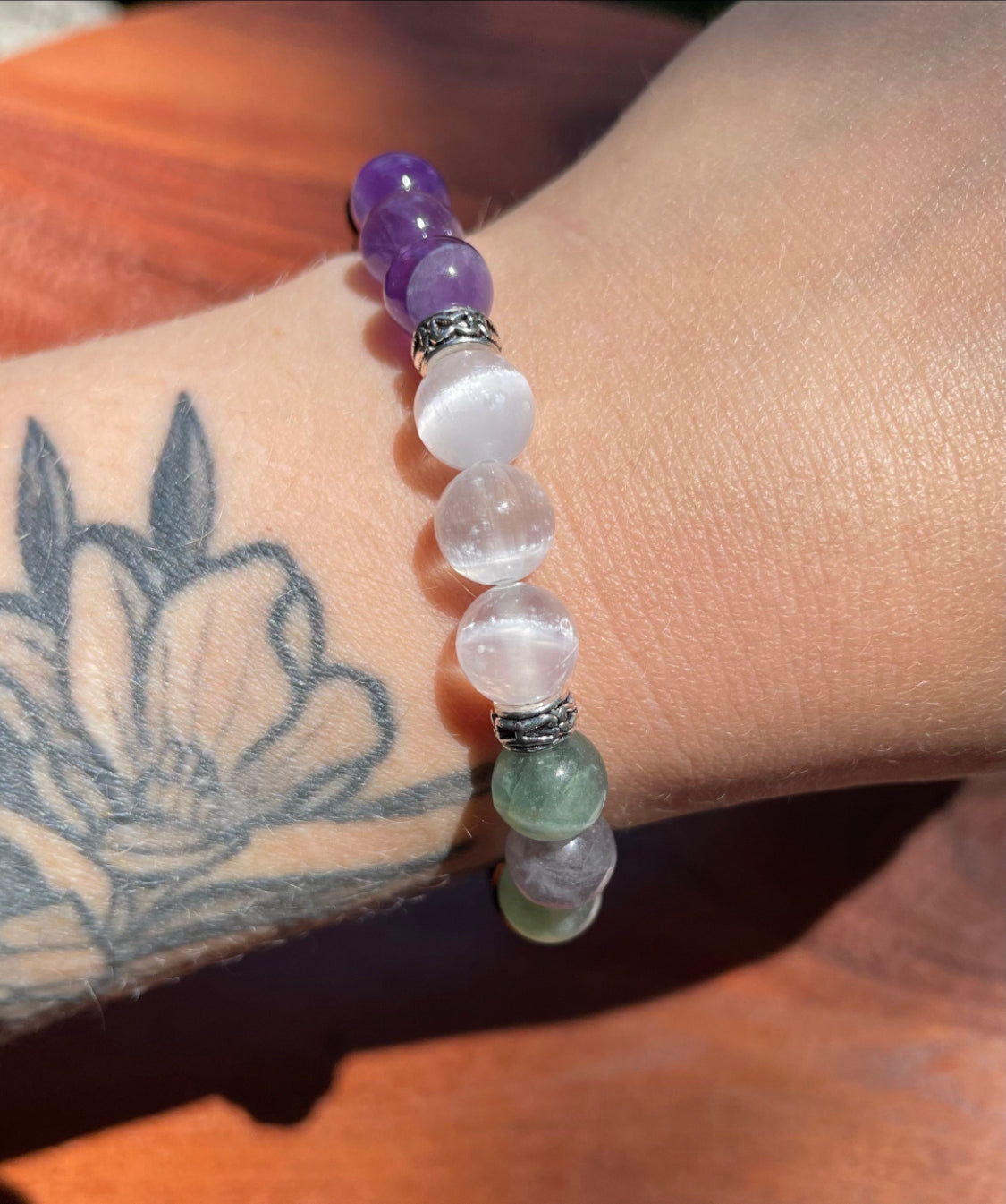 Anxiety Aid & Focus Crystal Bracelet with Fluorite, Amethyst, & Selenite, Black Obsidian