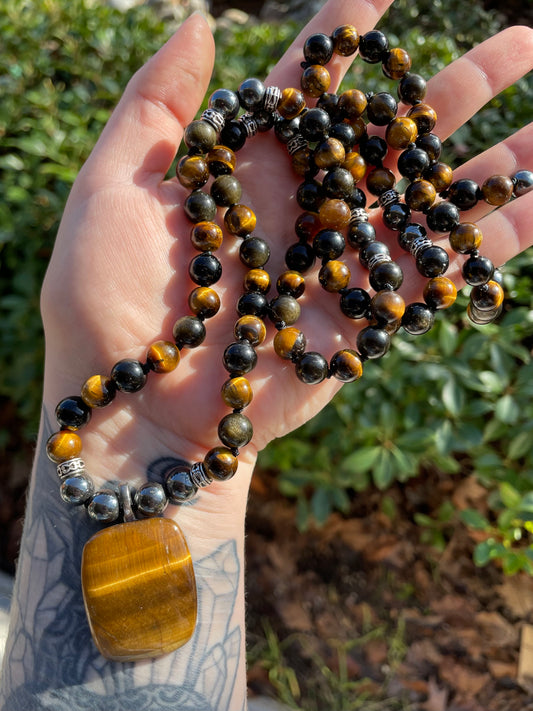 Triple Energy Protection & Grounding Crystal Mala Necklace with Tigers Eye, Hematite, Golden Obsidian