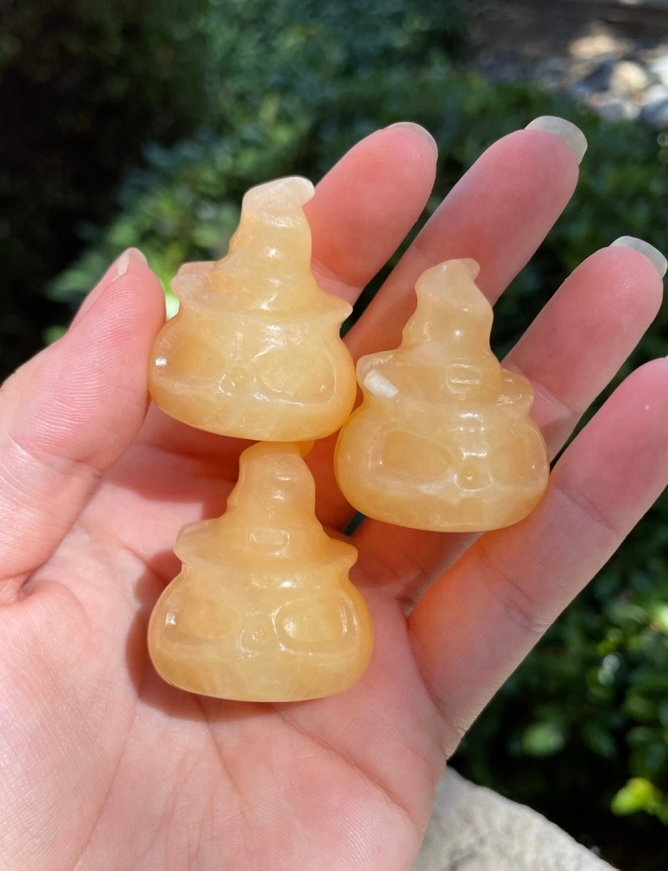 Orange Calcite Crystal Jack-O-Lantern Pumpkin with Witch Hat Carving for Halloween