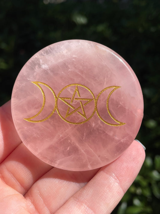 Rose Quartz Crystal Triple Moon Goddess Pentacle Worry Stone Disc