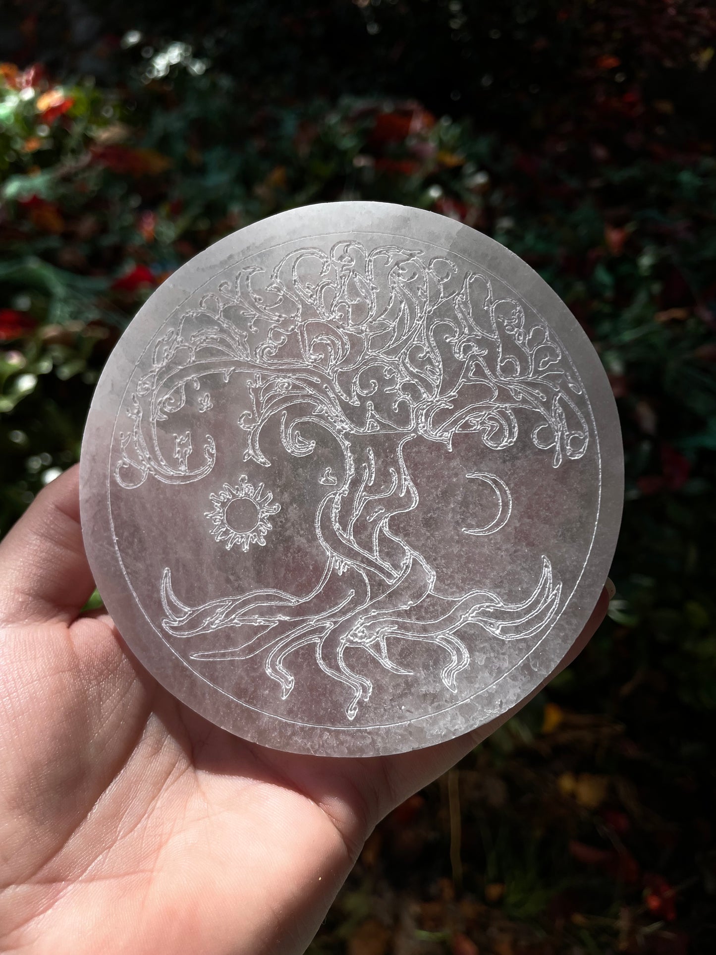 Tree of Life Satin Spar Selenite Crystal Charging Plate