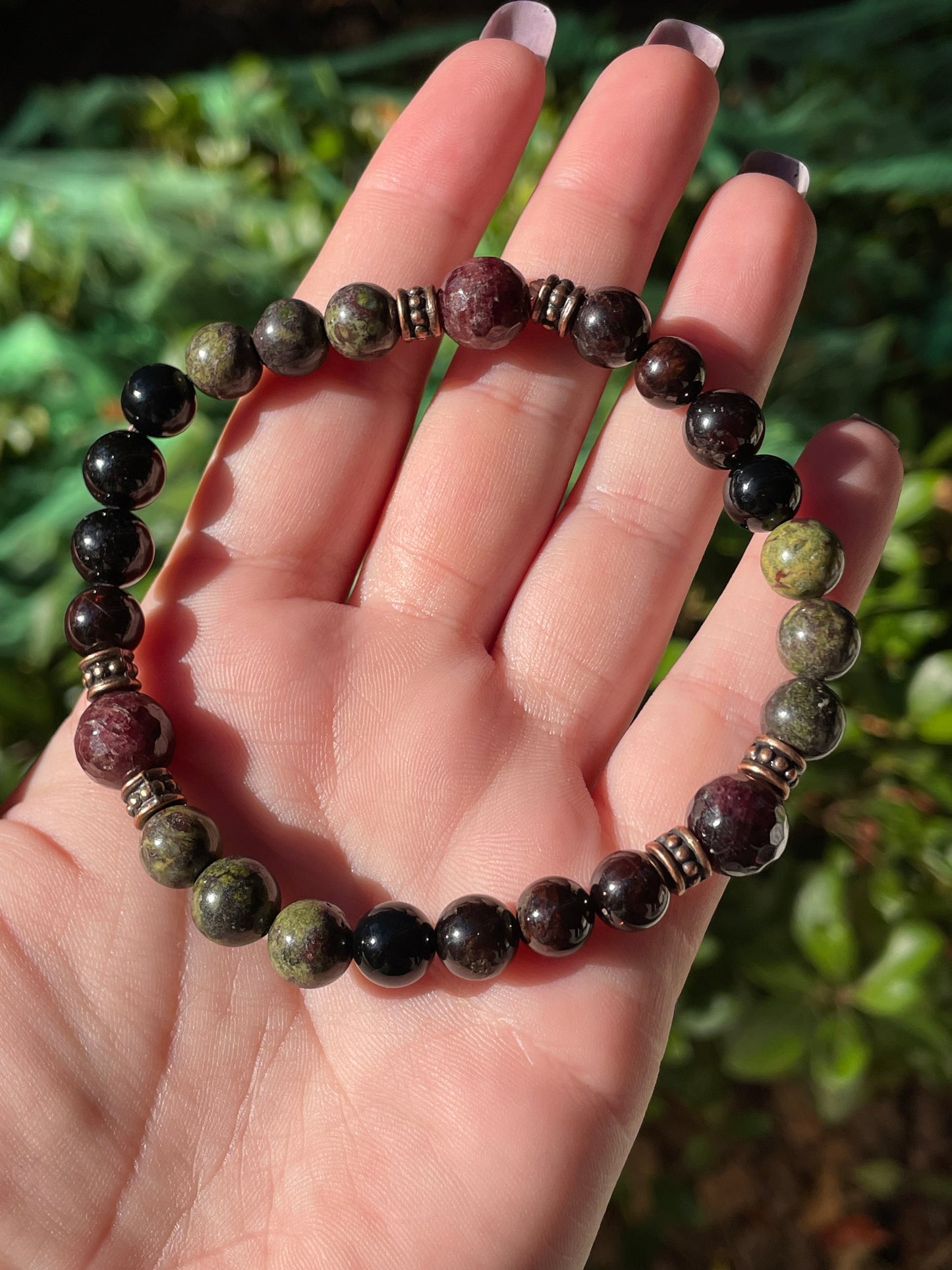 Masculine Inner Strength Crystal Bracelet with Garnet, Black Onyx, & Dragon Bloodstone