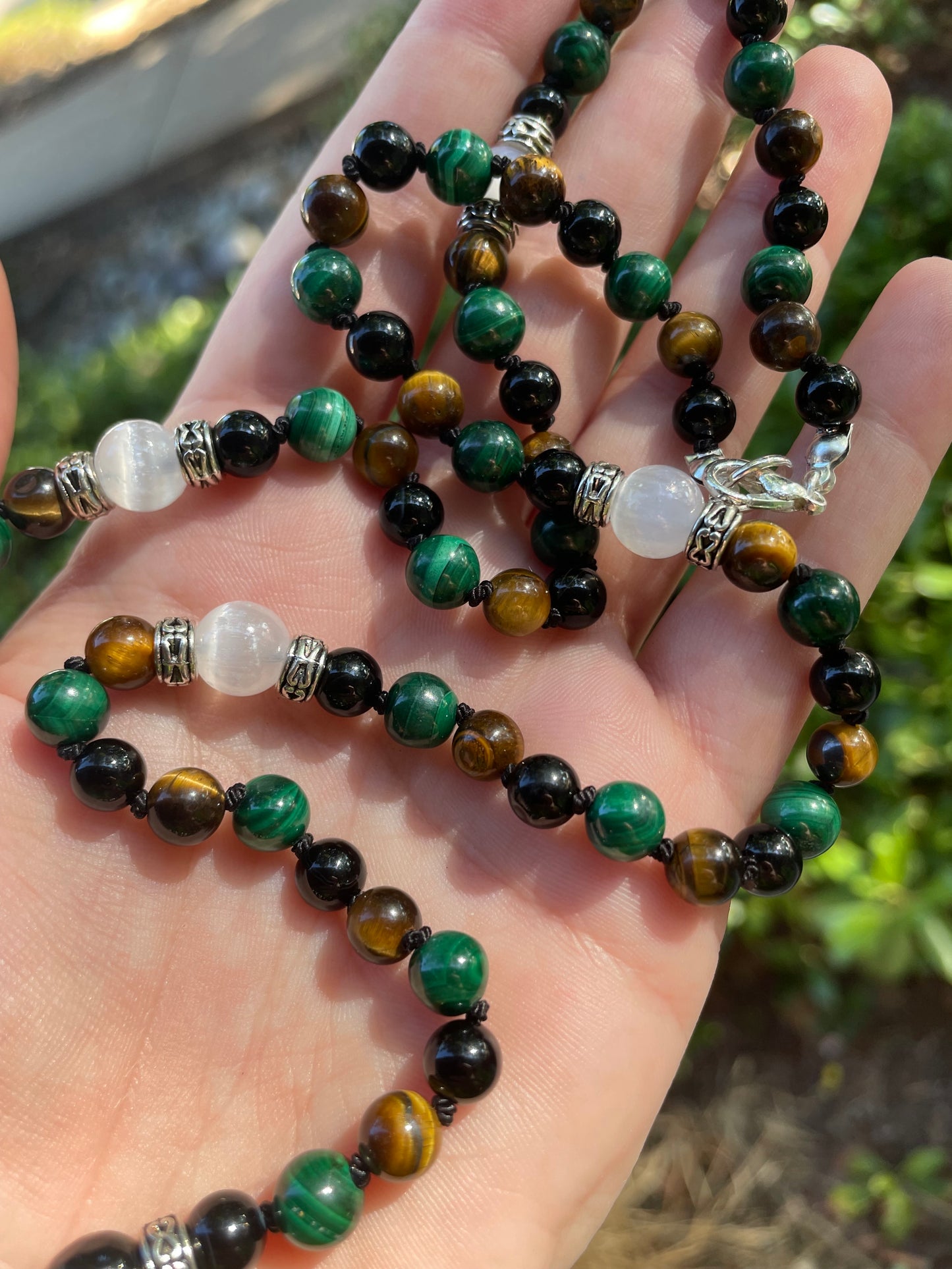 Protection & Prosperity with Malachite, Tigers Eye, Black Onyx, & Selenite Crystal Necklace and Bracelet Set