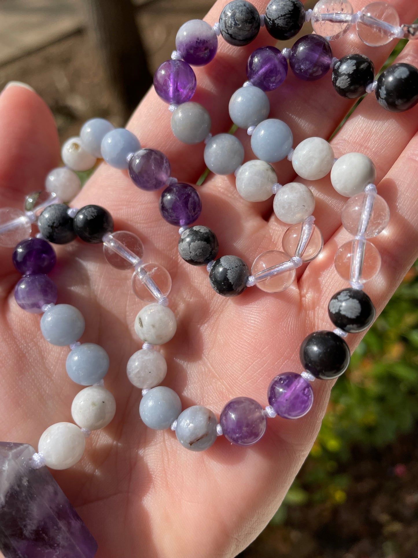 Angels & Spirit Guides Connection Boosting Necklace with Angelite, Amethyst, Clear Quartz, & Snowflake Obsidian