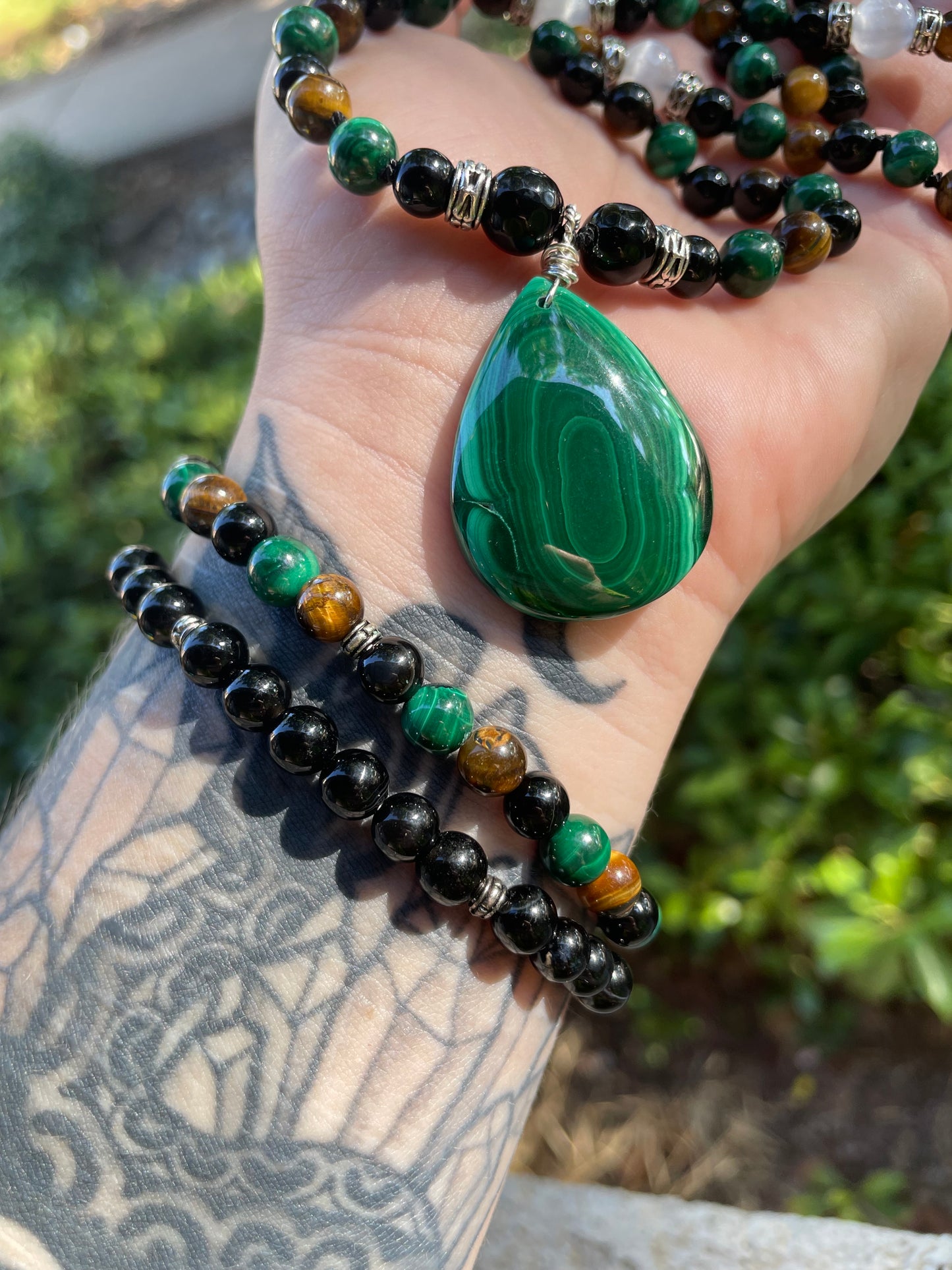 Protection & Prosperity with Malachite, Tigers Eye, Black Onyx, & Selenite Crystal Necklace and Bracelet Set