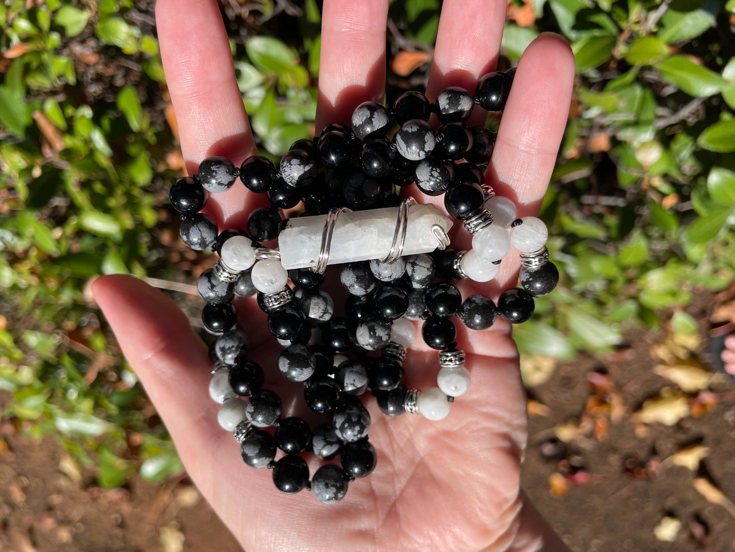 Shadow Work Crystal Mala with Obsidian, Moonstone, & Snowflake Obsidian