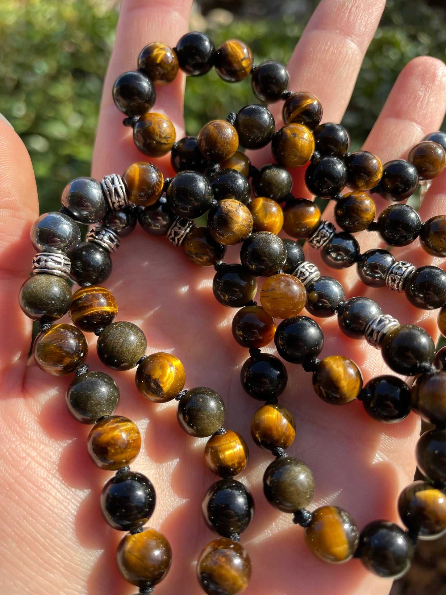 Triple Energy Protection & Grounding Crystal Mala Necklace with Tigers Eye, Hematite, Golden Obsidian