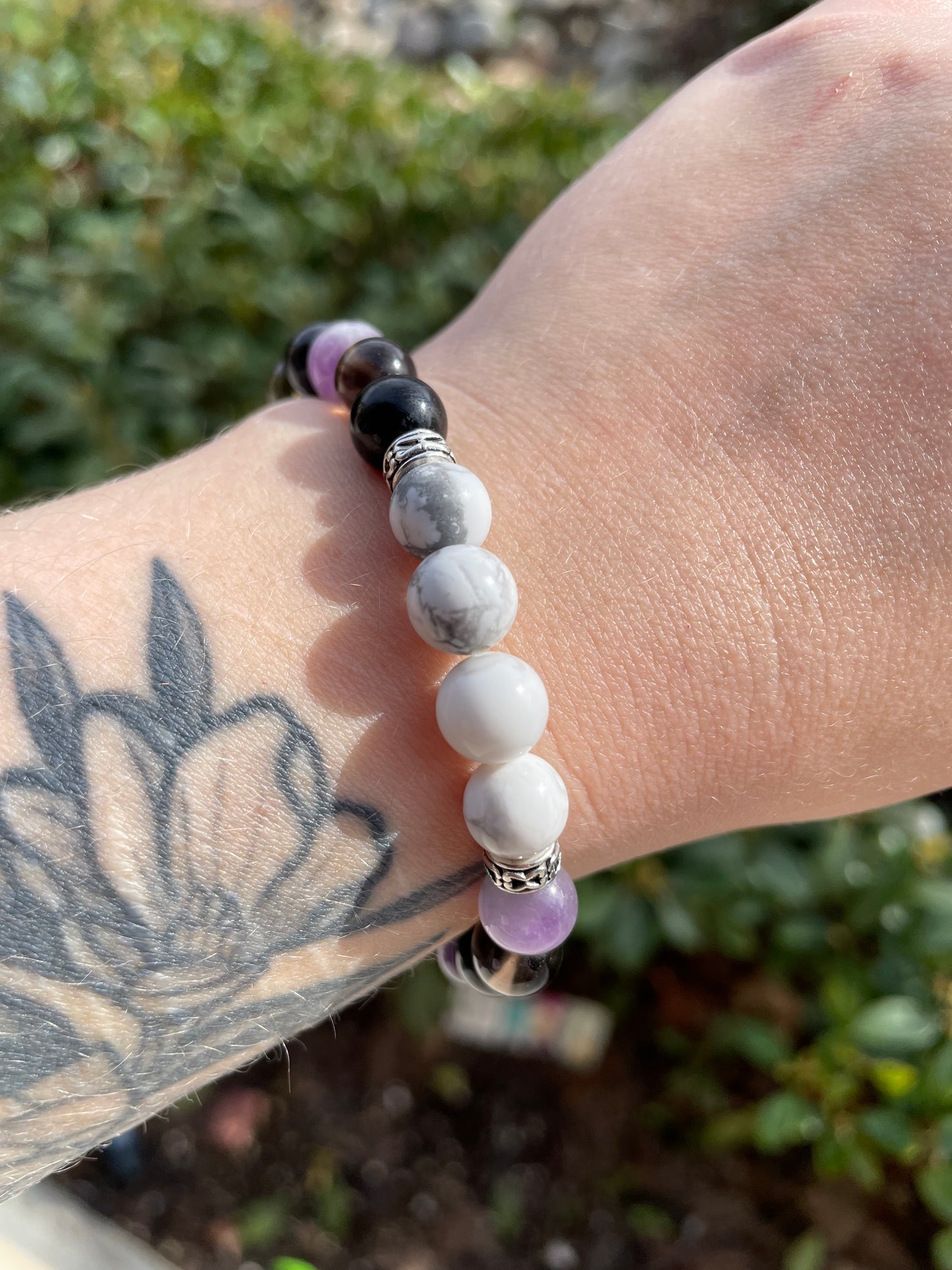 Anxiety Aid Crystal Bracelet with Smoky Quartz, Amethyst, Howlite, & Black Obsidian