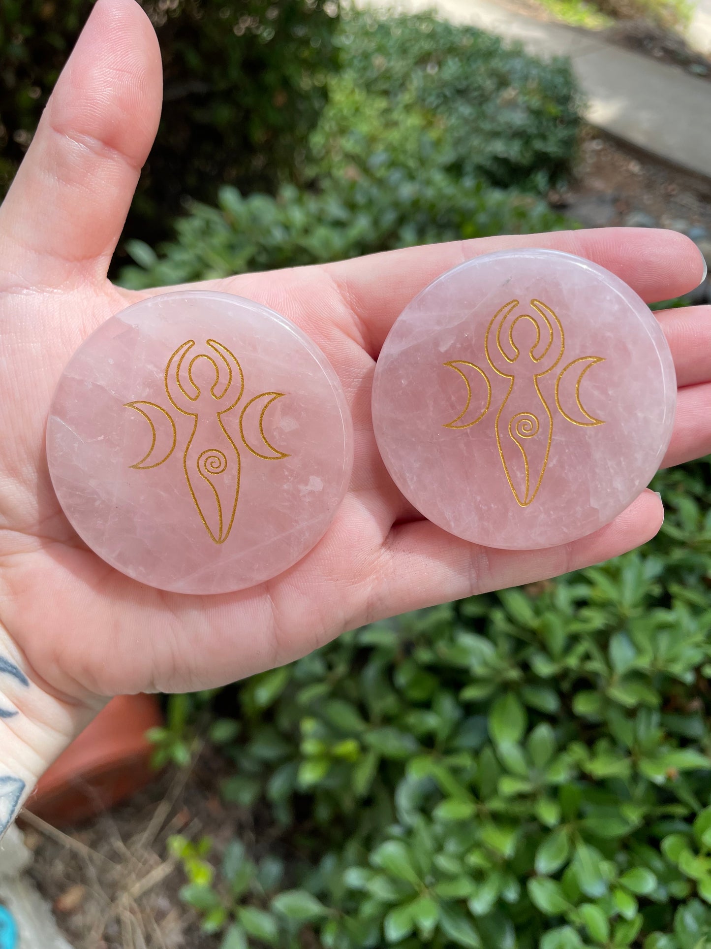 Rose Quartz Crystal Goddess Etched Worry Stone Disc