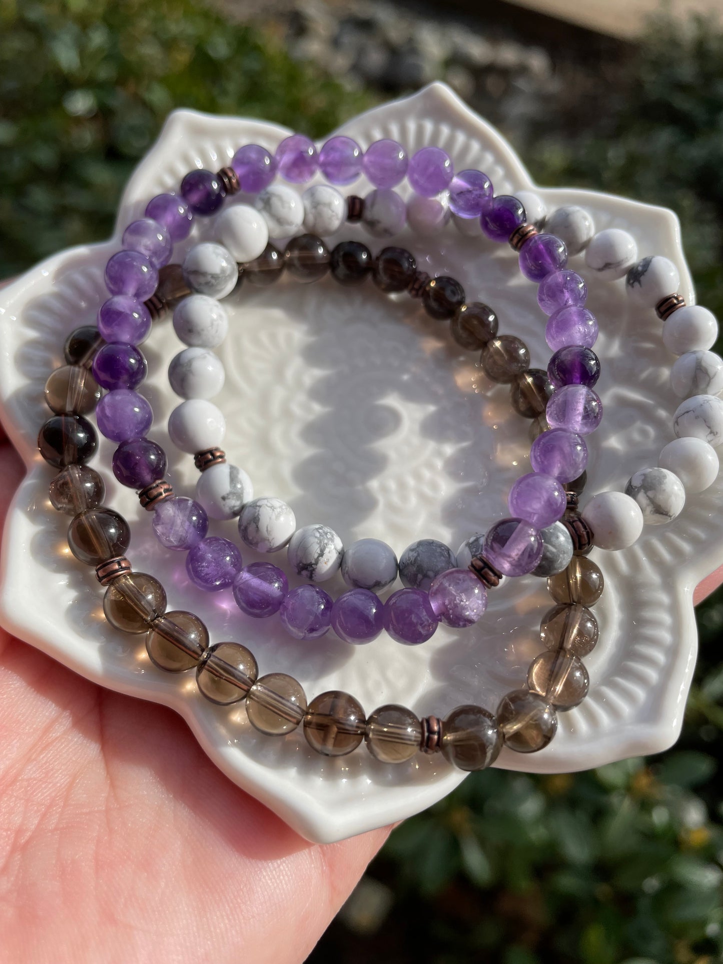 Anxiety Aid Crystal Triple Bracelet Stack Set with Smoky Quartz, Amethyst, & Howlite