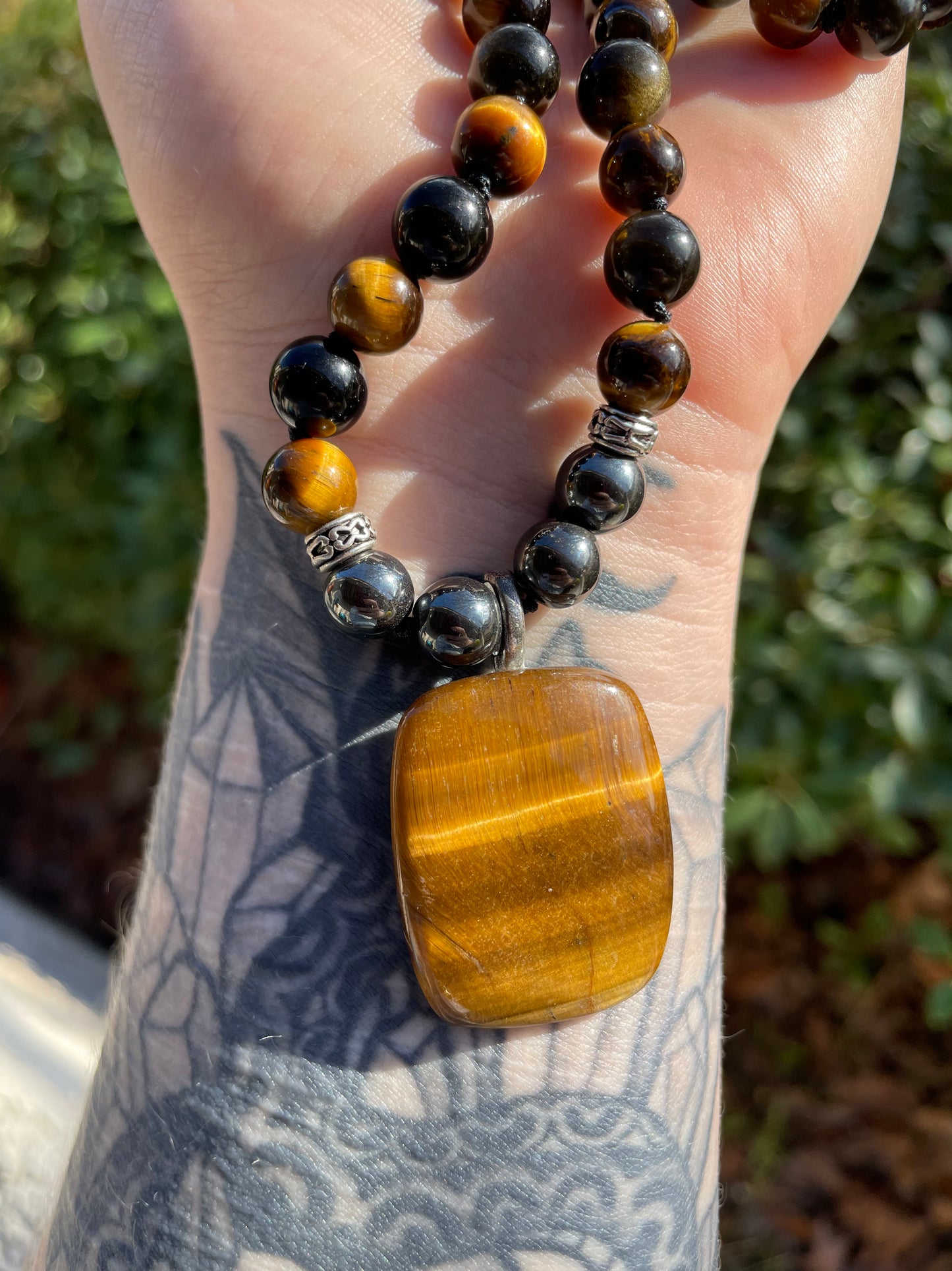 Triple Energy Protection & Grounding Crystal Mala Necklace with Tigers Eye, Hematite, Golden Obsidian