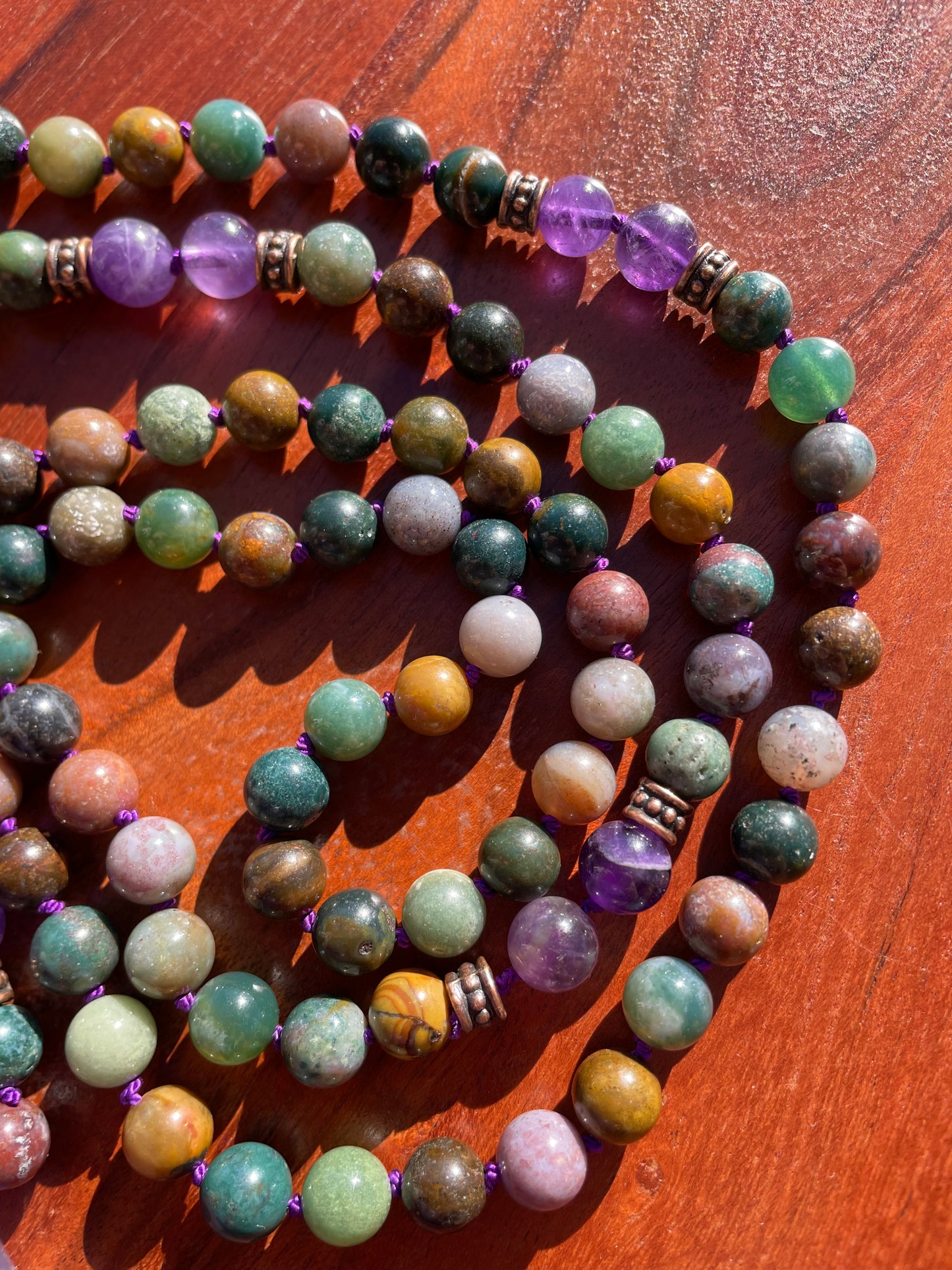 Emotional Balance Crystal Mala Necklace with Amethyst and Indian Agate