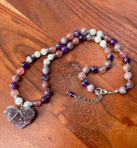 Self-Love Divine Feminine Heart Necklace with Amethyst, Strawberry Quartz, Unicorn Stone, & Moonstone