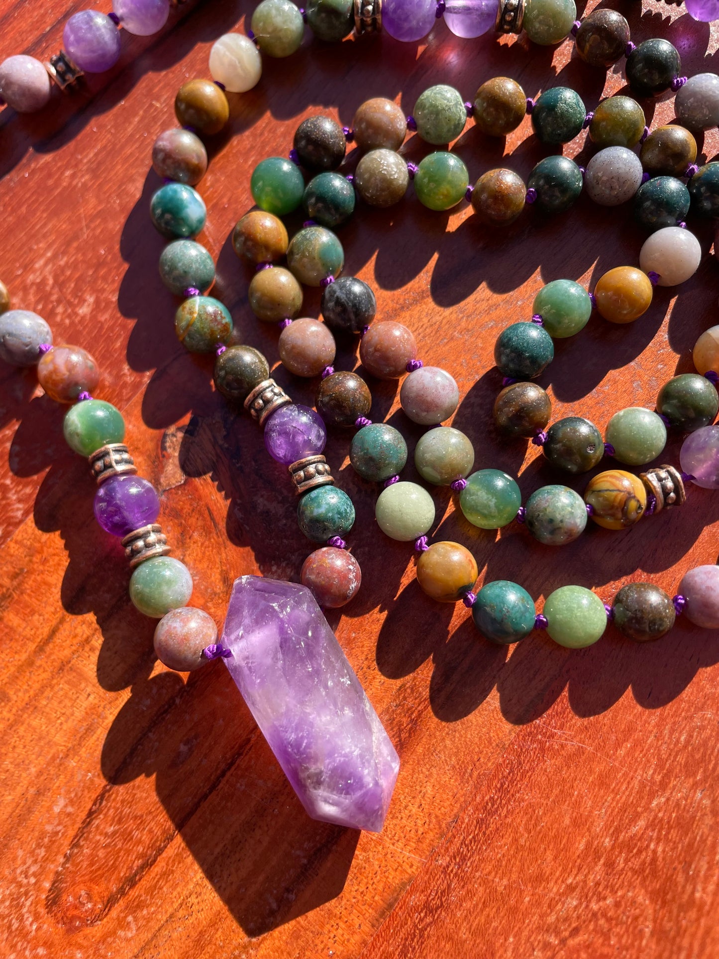 Emotional Balance Crystal Mala Necklace with Amethyst and Indian Agate