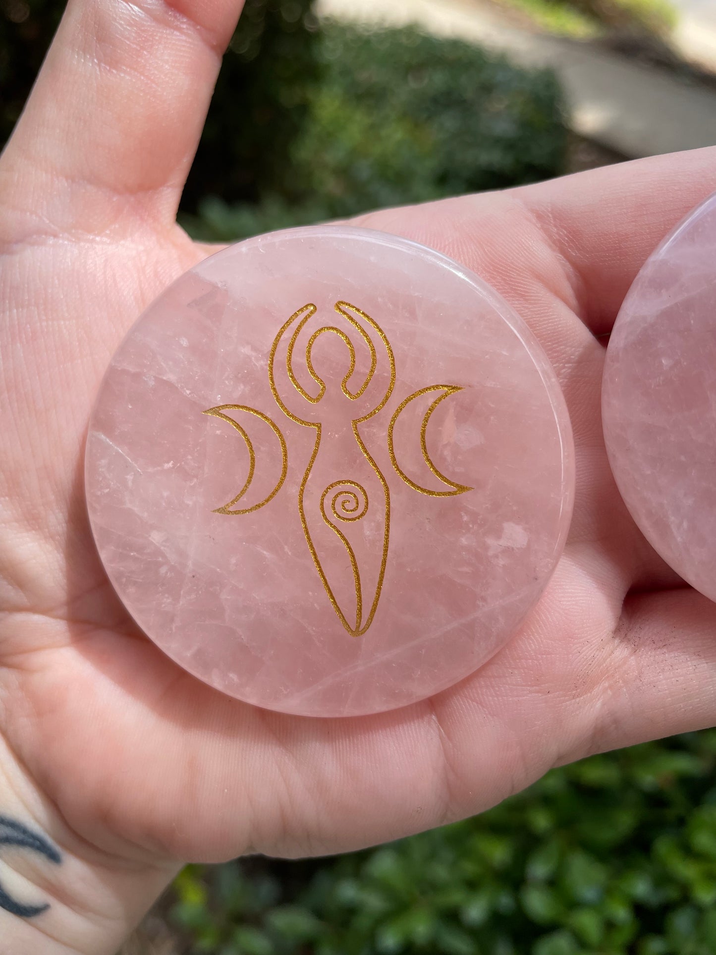 Rose Quartz Crystal Goddess Etched Worry Stone Disc