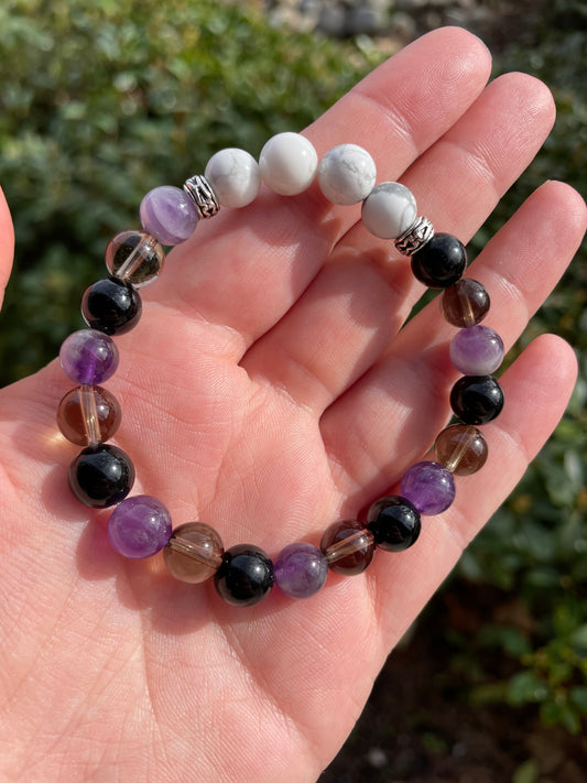 Anxiety Aid Crystal Bracelet with Smoky Quartz, Amethyst, Howlite, & Black Obsidian