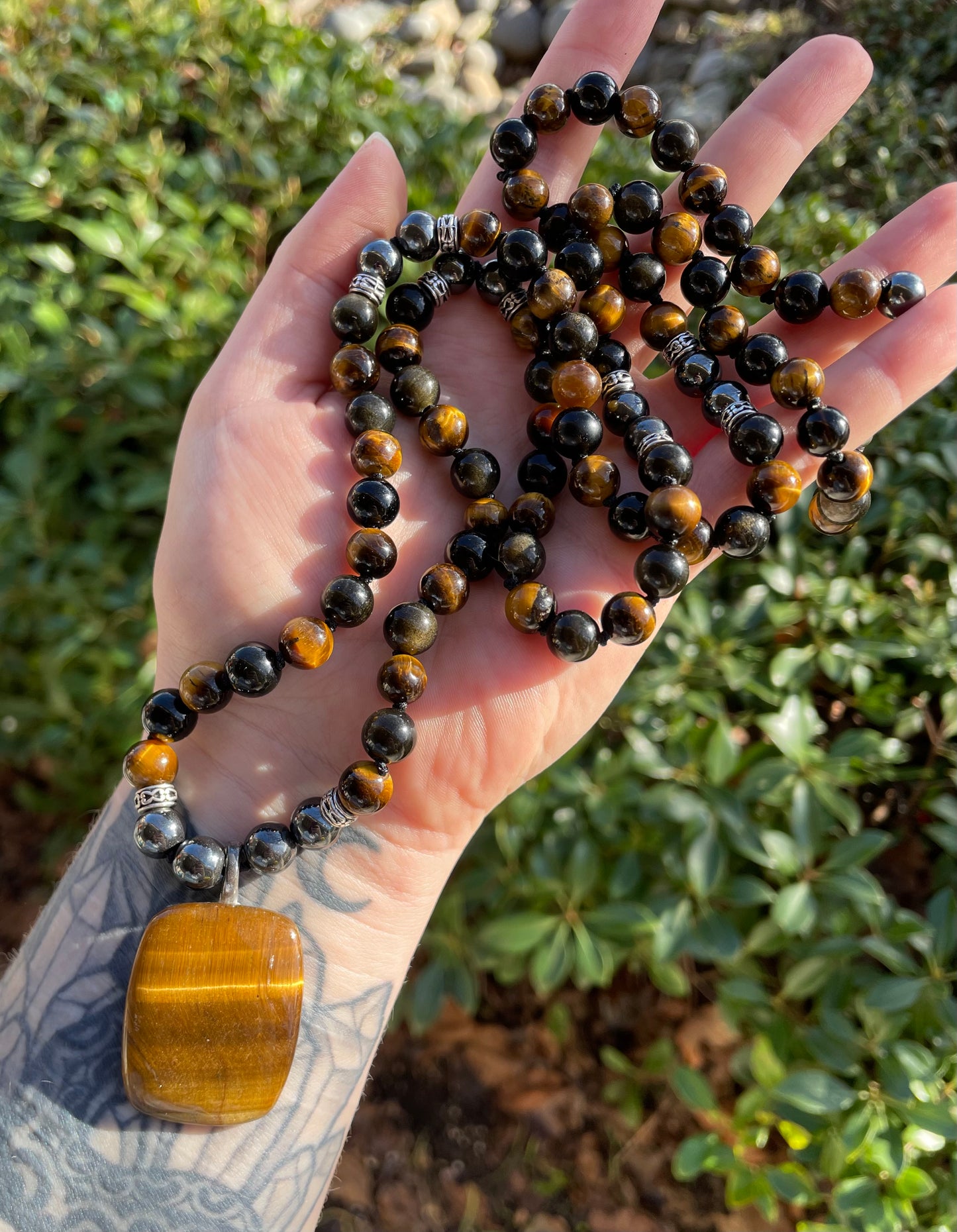 Triple Energy Protection & Grounding Crystal Mala Necklace with Tigers Eye, Hematite, Golden Obsidian