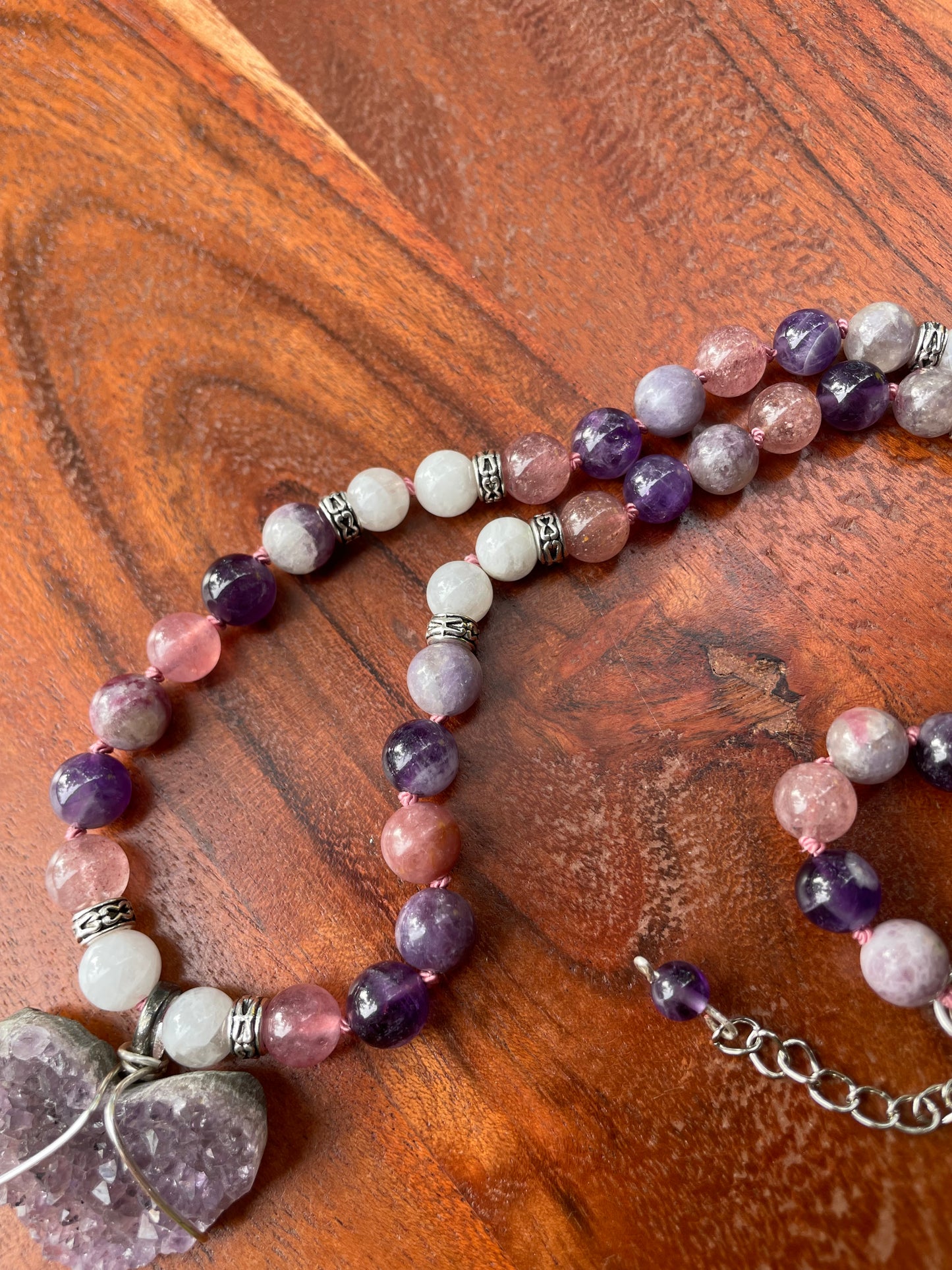 Self-Love Divine Feminine Heart Necklace with Amethyst, Strawberry Quartz, Unicorn Stone, & Moonstone