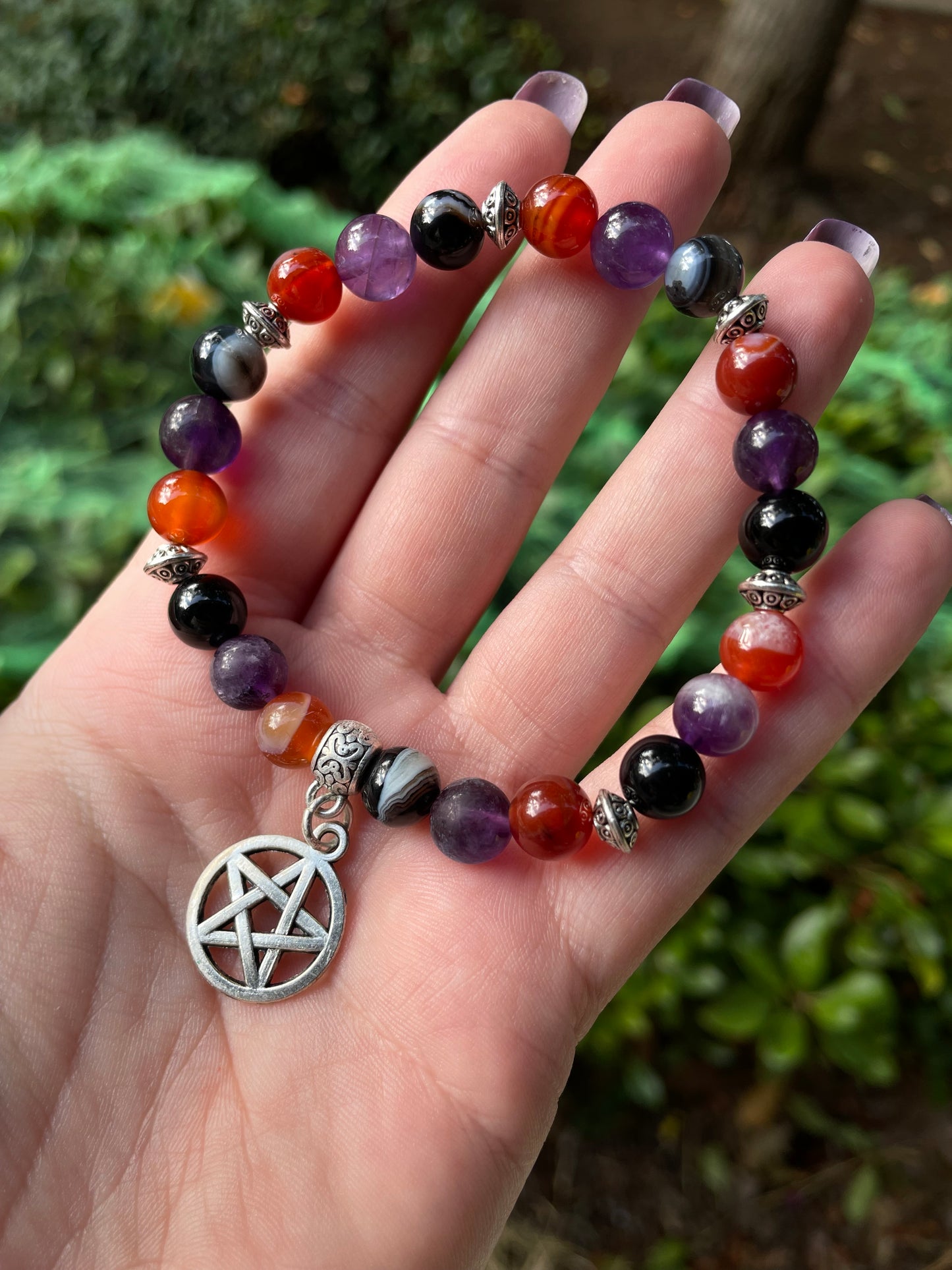 Pentacle Witchy Crystal Bracelet with Carnelian, Onyx, & Amethyst