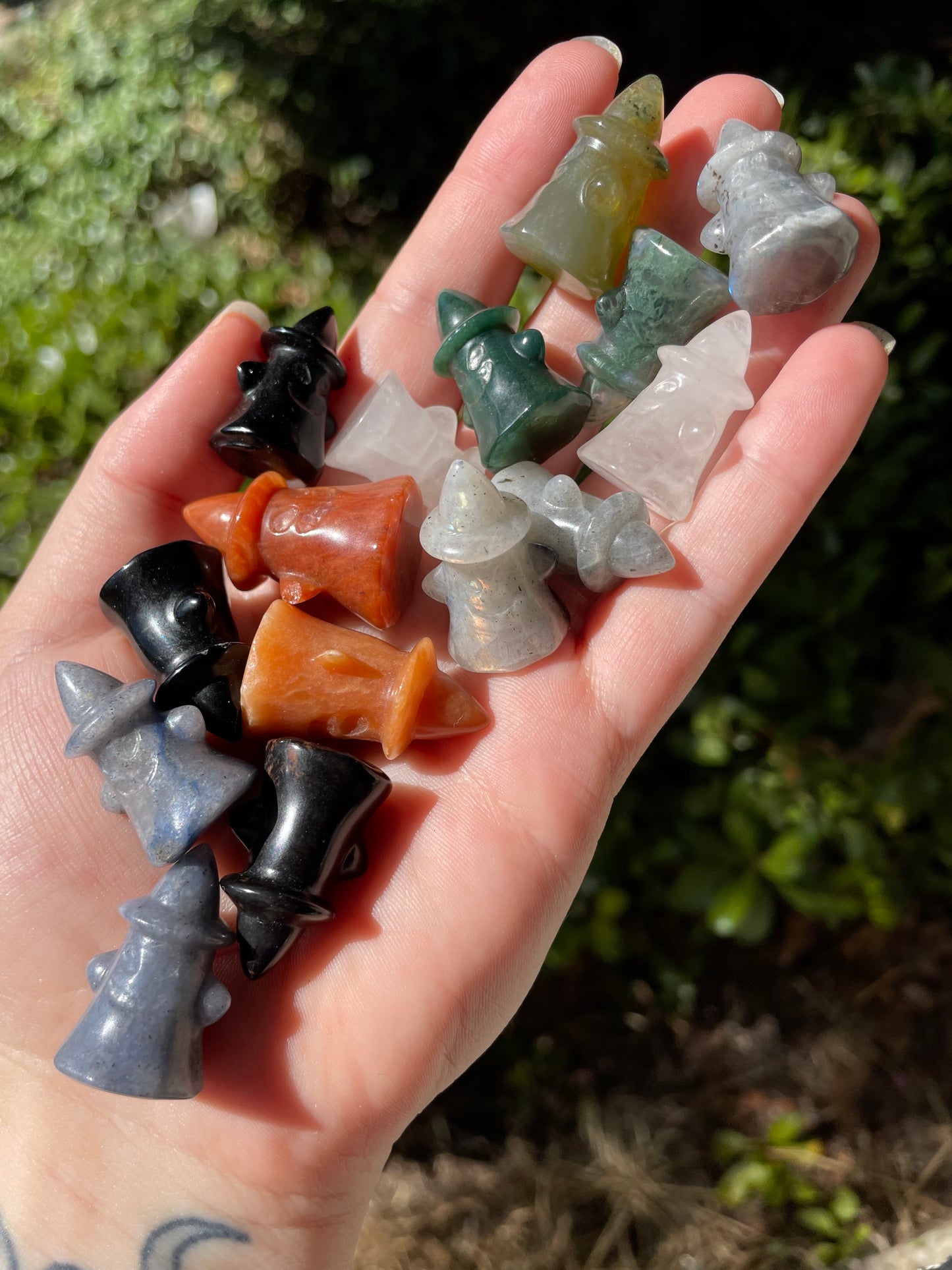 Small Crystal Ghosts with Witch Hats Halloween Carving, Quartz, Moss Agate, Aventurine, Obsidian, Labradorite