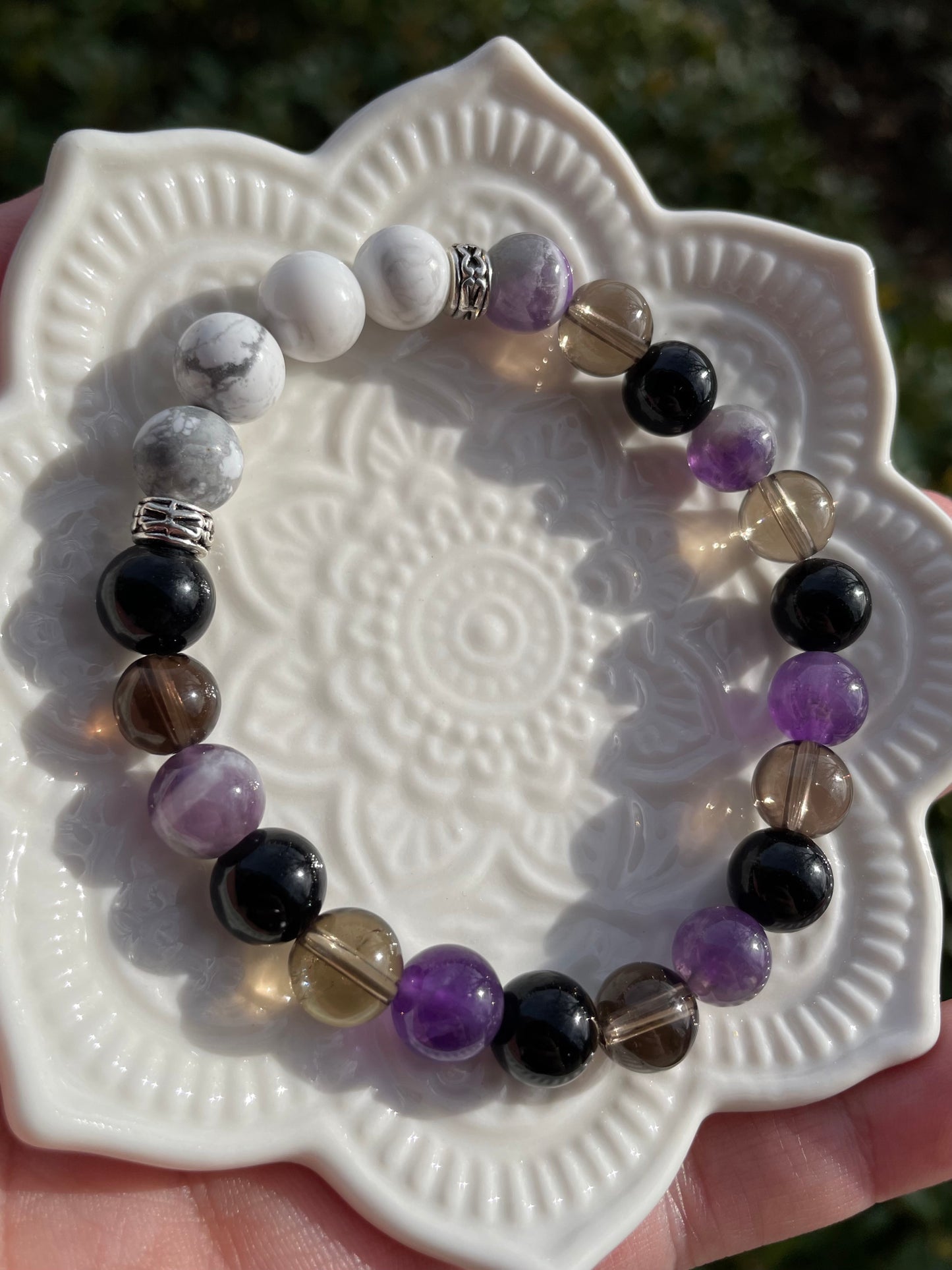 Anxiety Aid Crystal Bracelet with Smoky Quartz, Amethyst, Howlite, & Black Obsidian