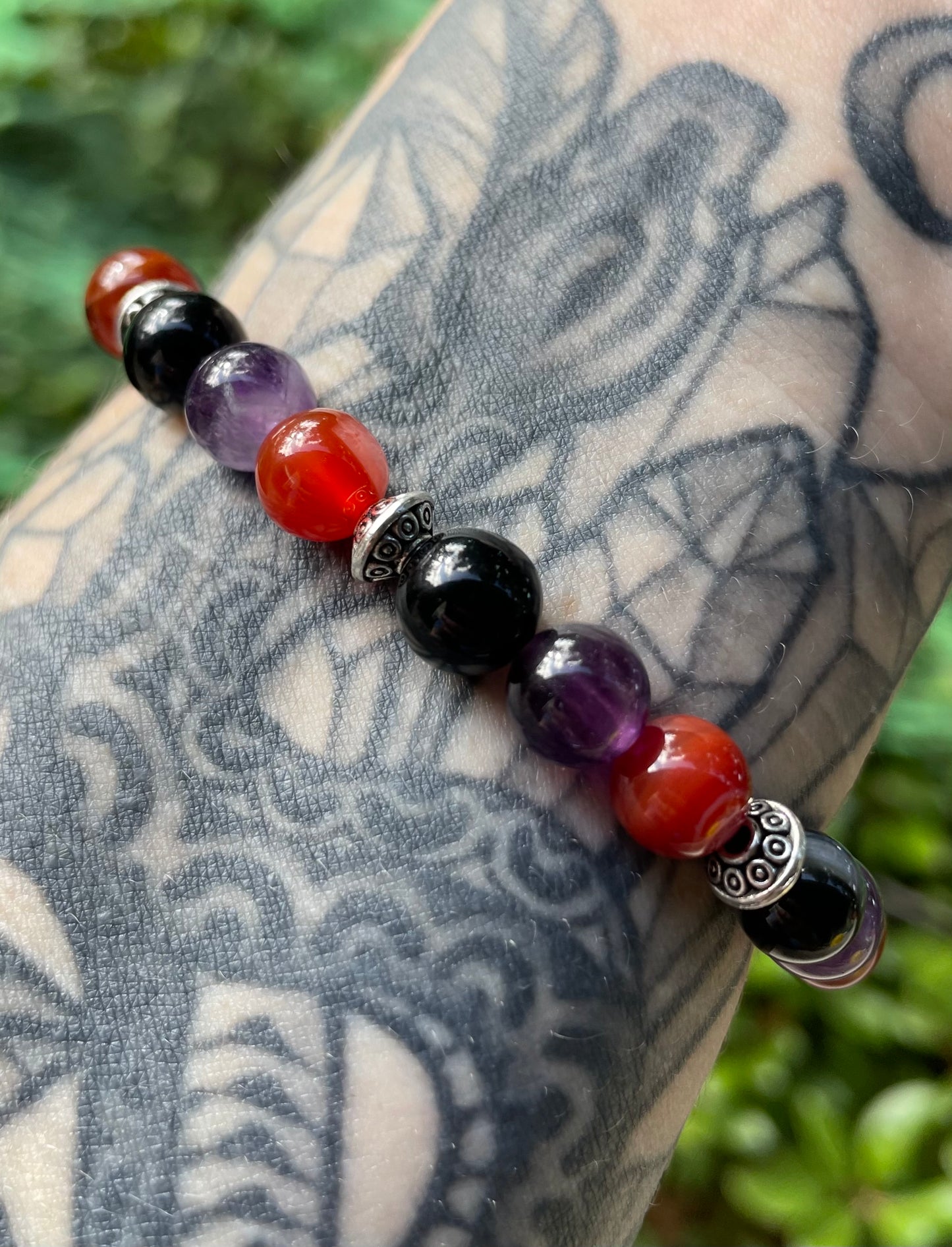 Pentacle Witchy Crystal Bracelet with Carnelian, Onyx, & Amethyst