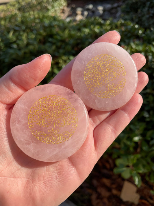 Rose Quartz Crystal Tree of Life Etched Worry Stone Disc