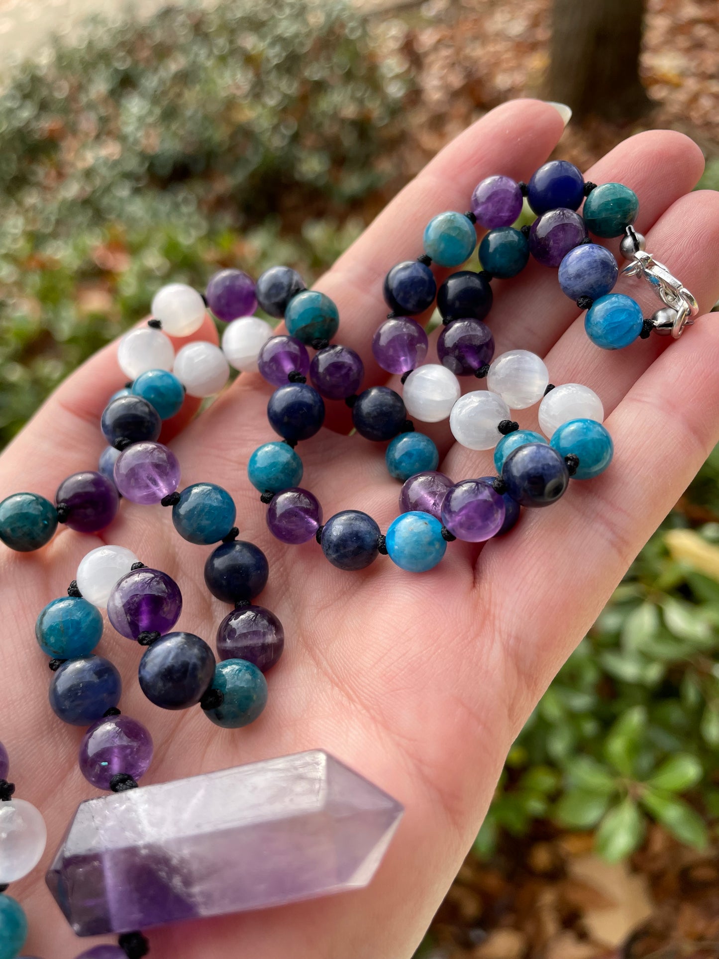 Intuition Boosting & Third Eye Opening Crystal Talisman Necklace with Amethyst, Sodalite, Blue Apatite, & Selenite