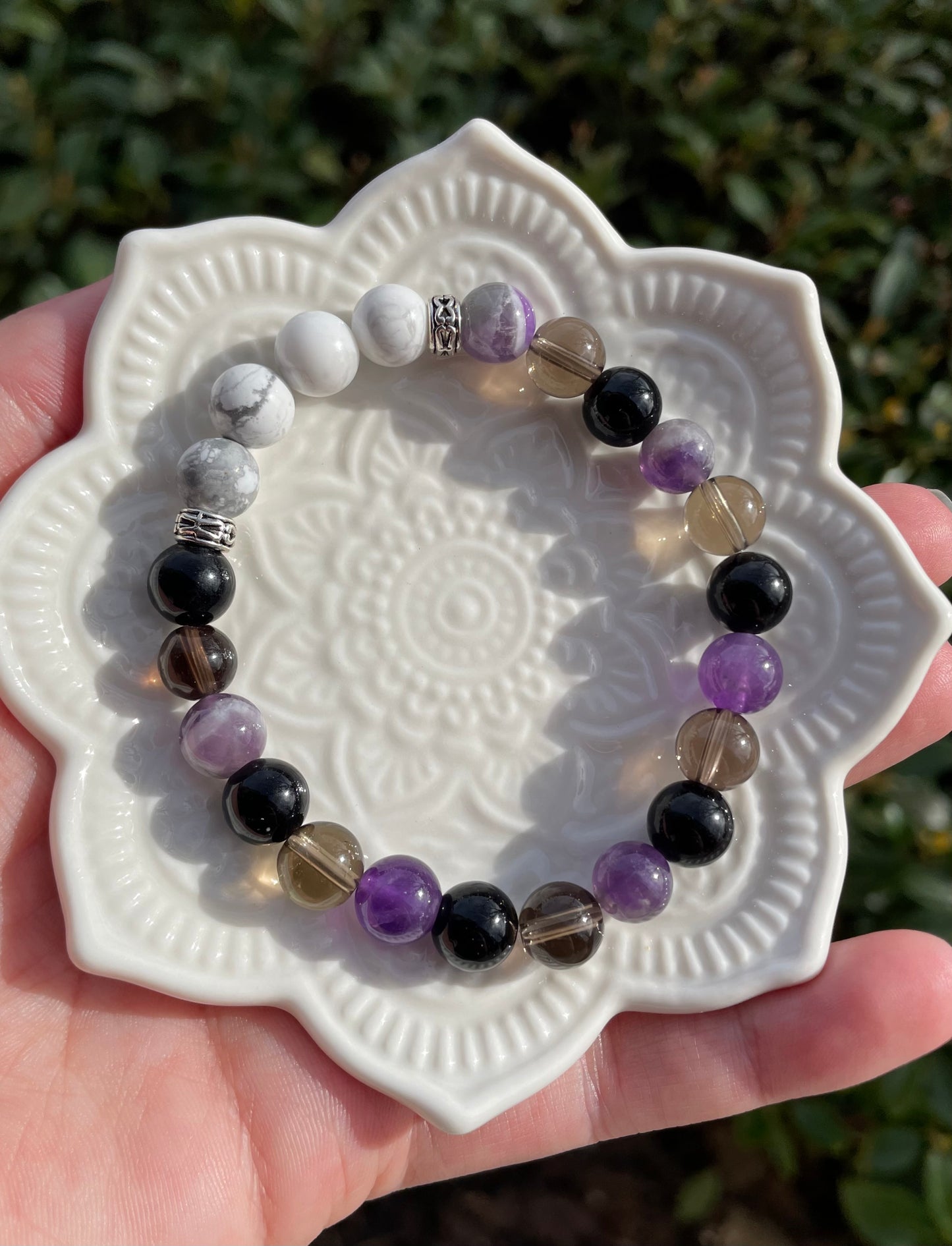 Anxiety Aid Crystal Bracelet with Smoky Quartz, Amethyst, Howlite, & Black Obsidian