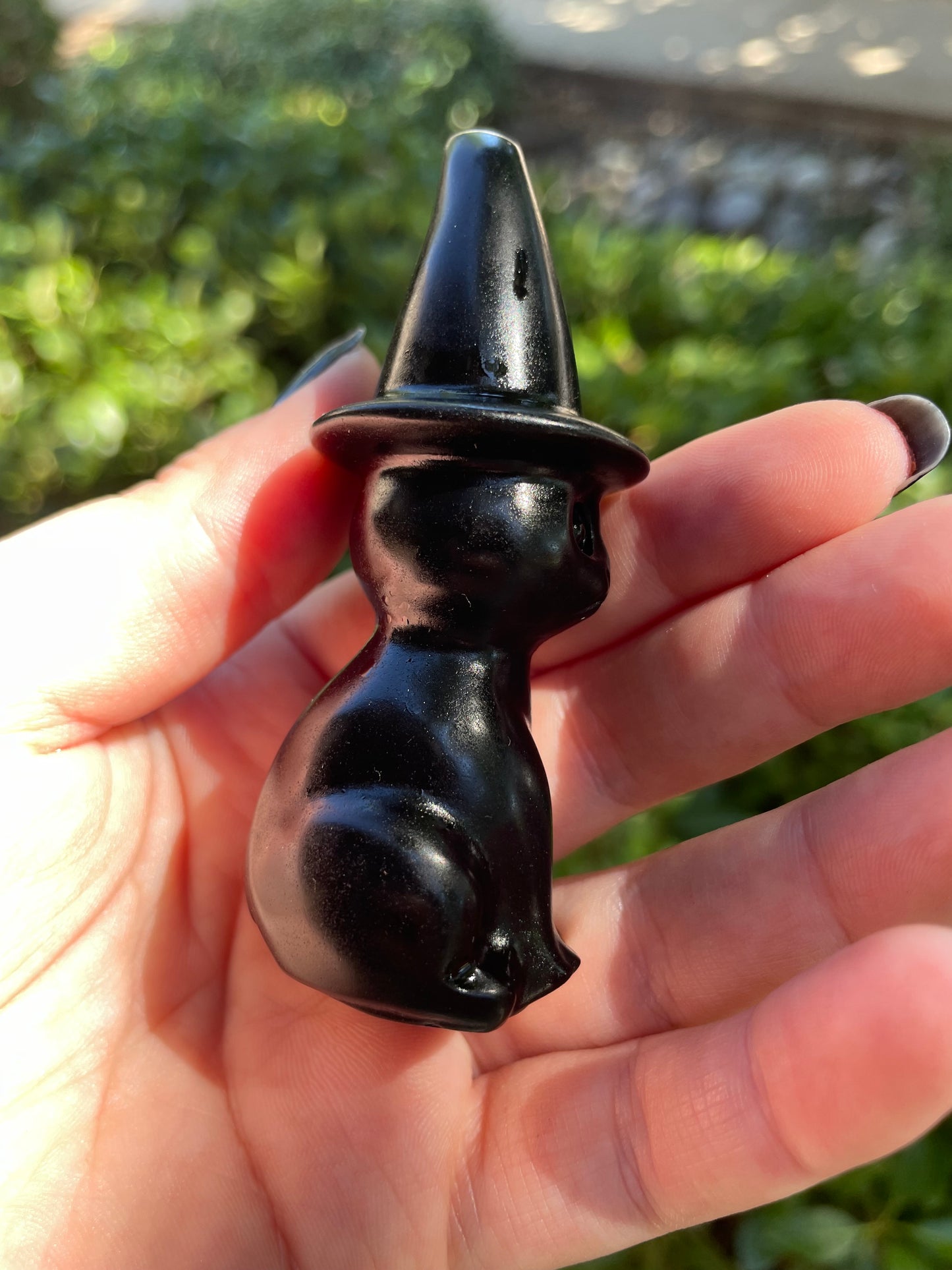 Obsidian Witch Cat Crystal Carving