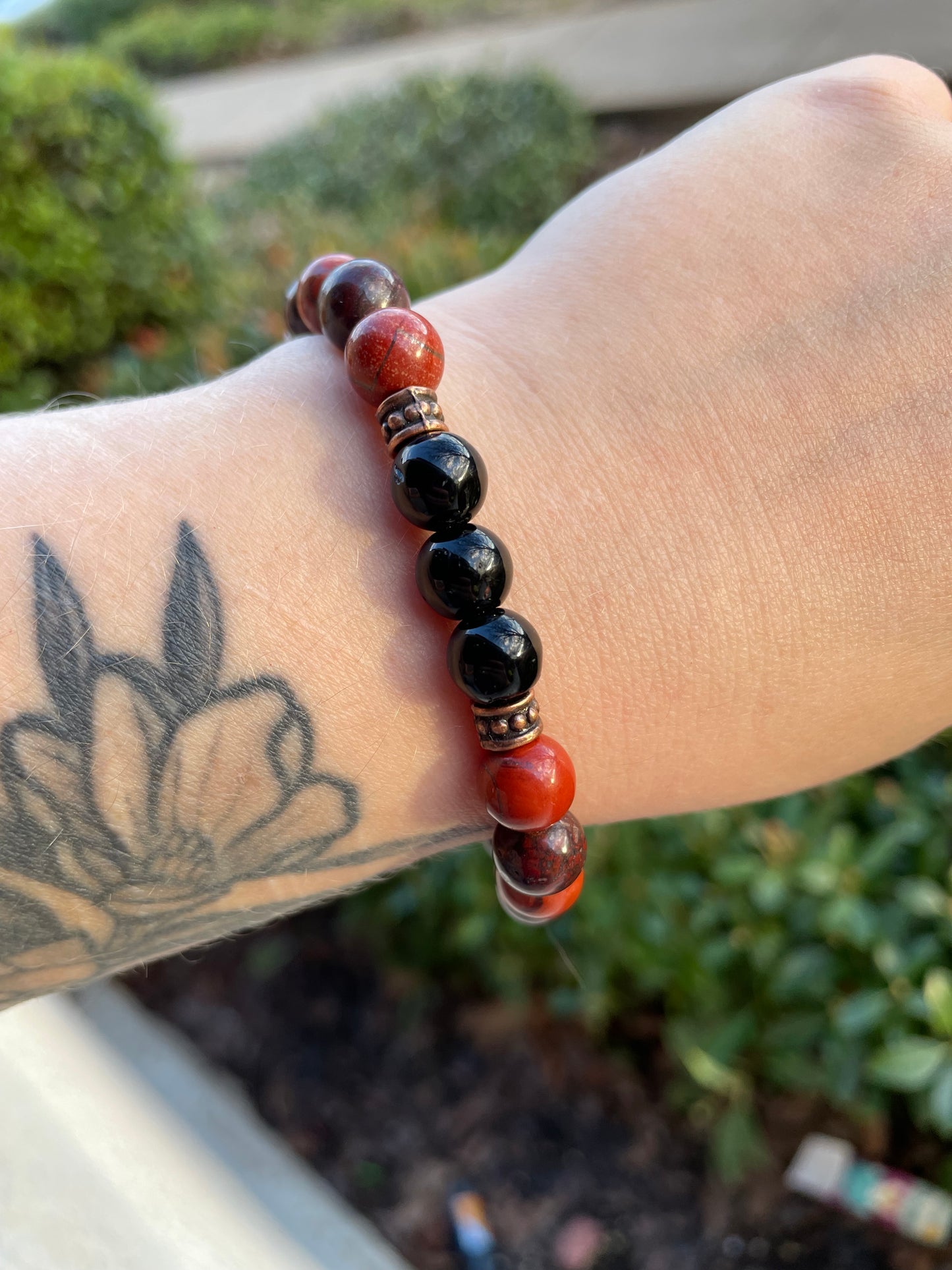 Root Chakra Balancing Crystal Bracelet with Red Jasper, Black Tourmaline, Garnet, & Red Brecciated Jasper