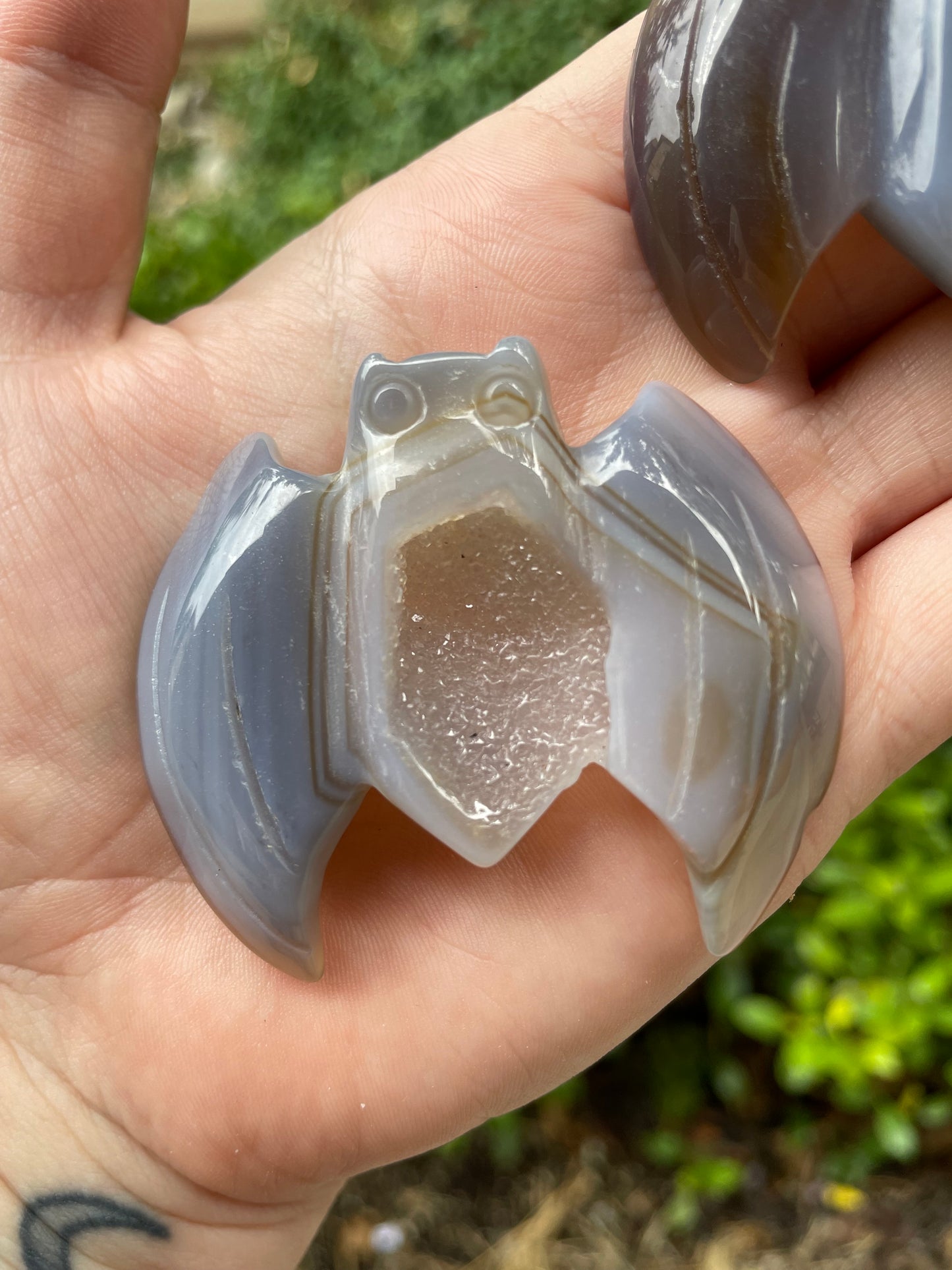 Gray Agate with Druzy Bat Carvings