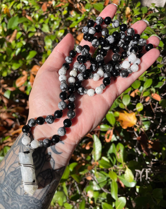 Shadow Work Crystal Mala with Obsidian, Moonstone, & Snowflake Obsidian