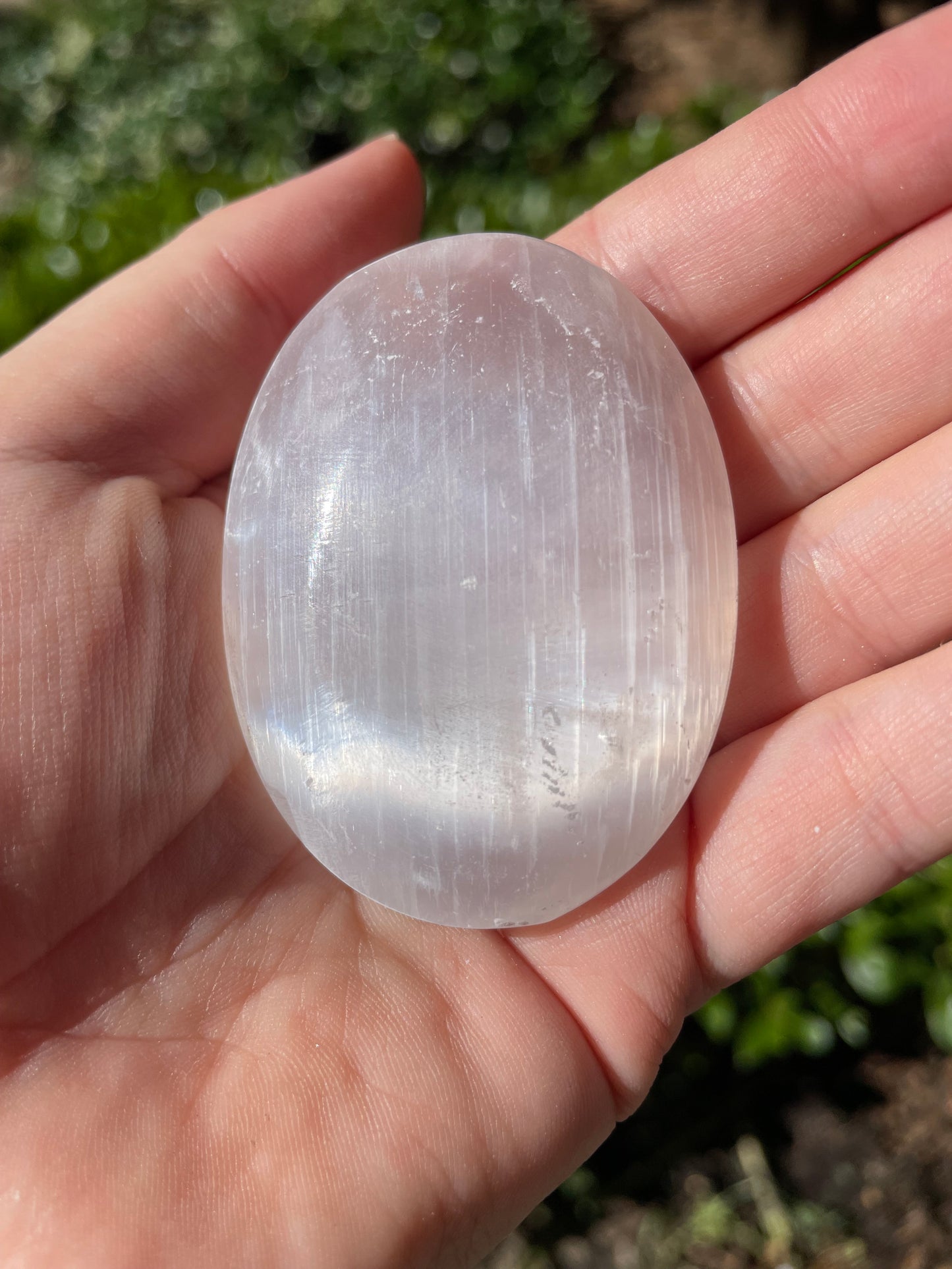 Moon Phase Satin Spar Selenite Crystal Palm Stone