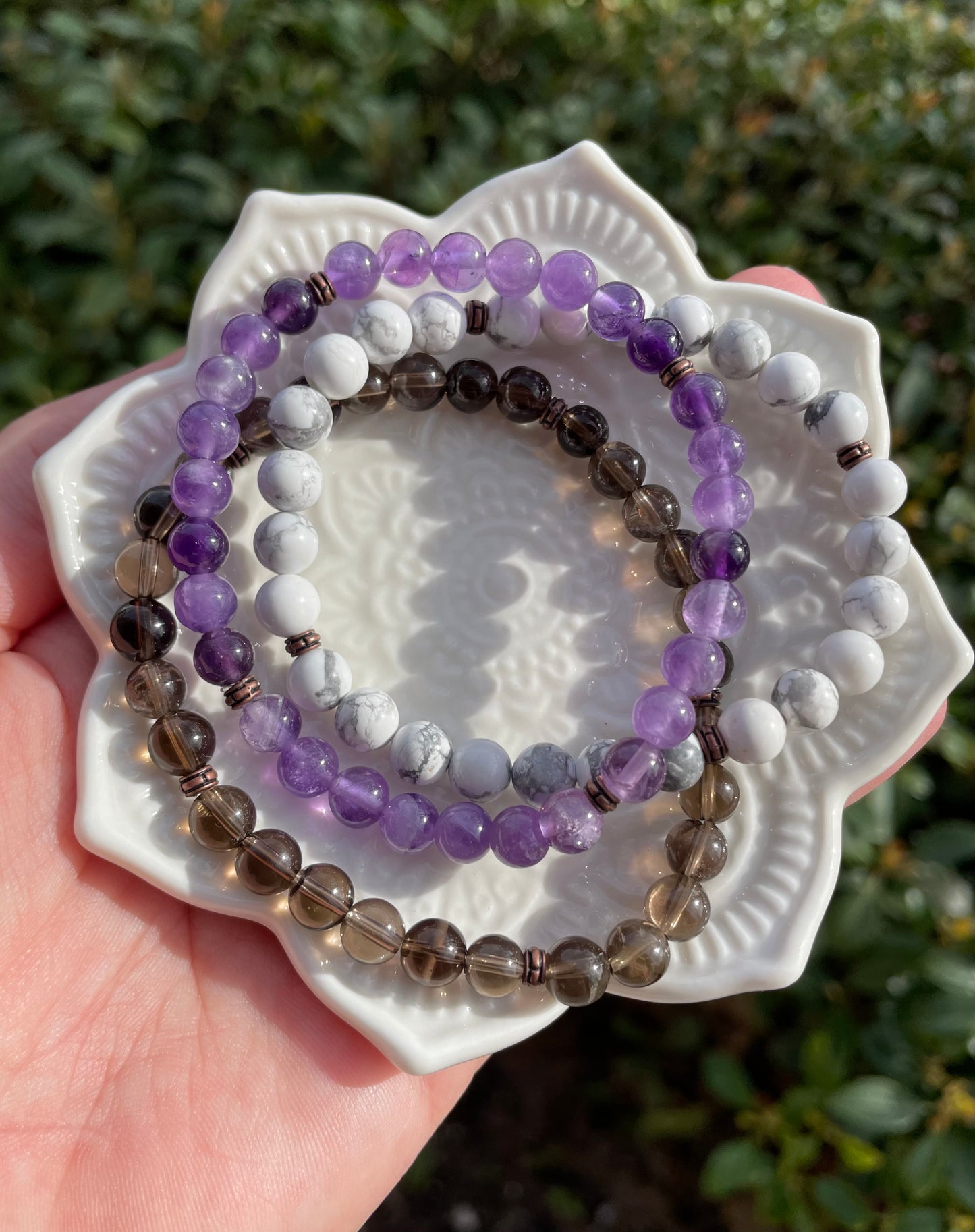 Anxiety Aid Crystal Triple Bracelet Stack Set with Smoky Quartz, Amethyst, & Howlite