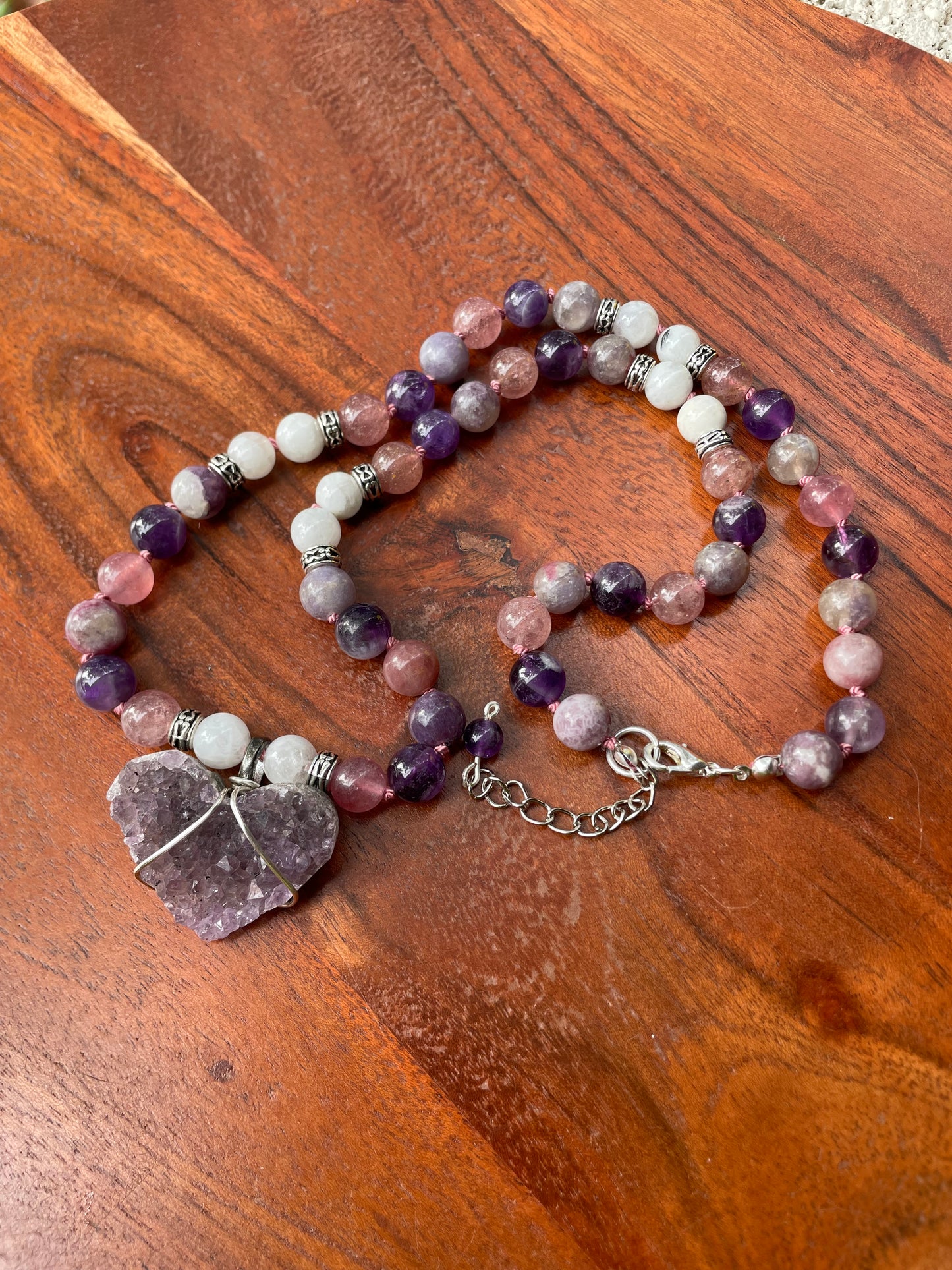 Self-Love Divine Feminine Heart Necklace with Amethyst, Strawberry Quartz, Unicorn Stone, & Moonstone