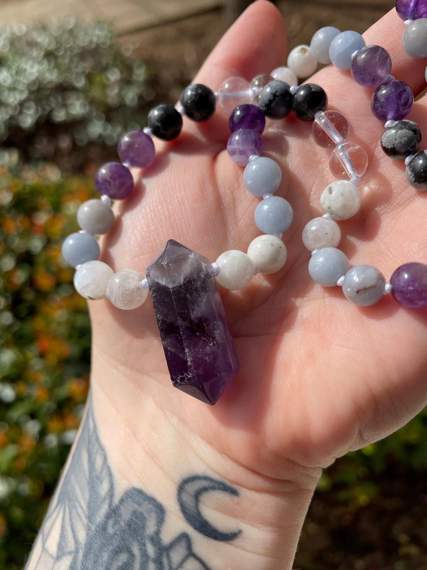 Angels & Spirit Guides Connection Boosting Necklace with Angelite, Amethyst, Clear Quartz, & Snowflake Obsidian