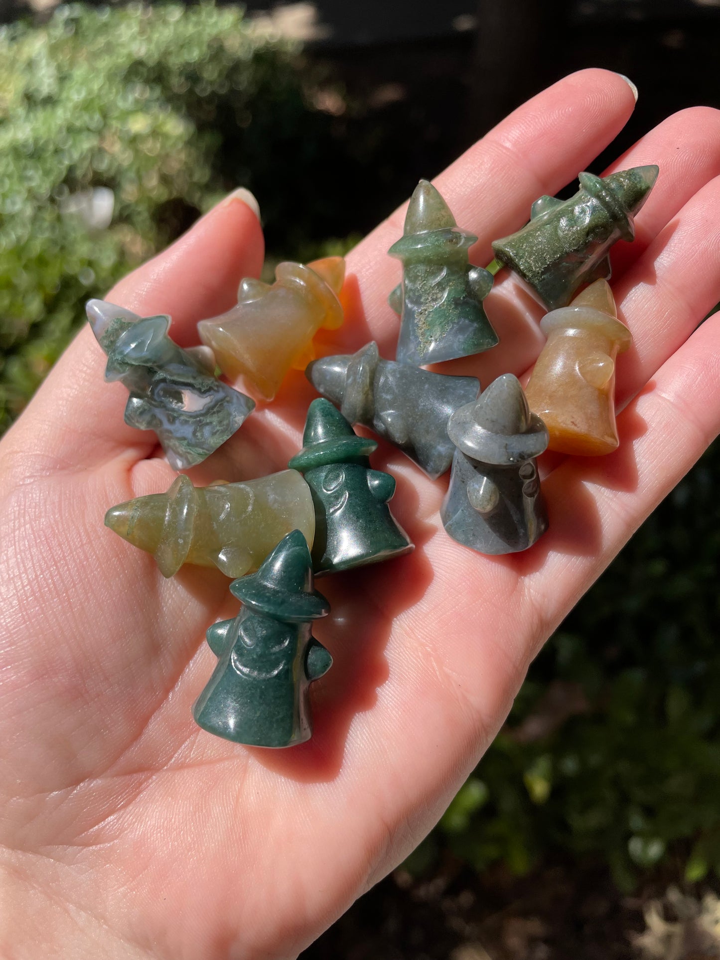 Small Crystal Ghosts with Witch Hats Halloween Carving, Quartz, Moss Agate, Aventurine, Obsidian, Labradorite