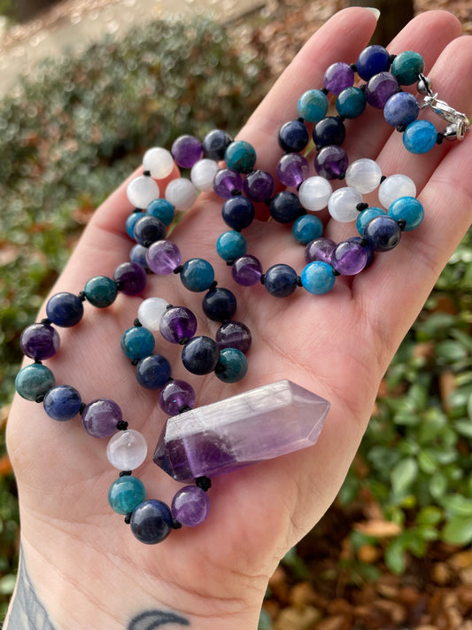 Intuition Boosting & Third Eye Opening Crystal Talisman Necklace with Amethyst, Sodalite, Blue Apatite, & Selenite