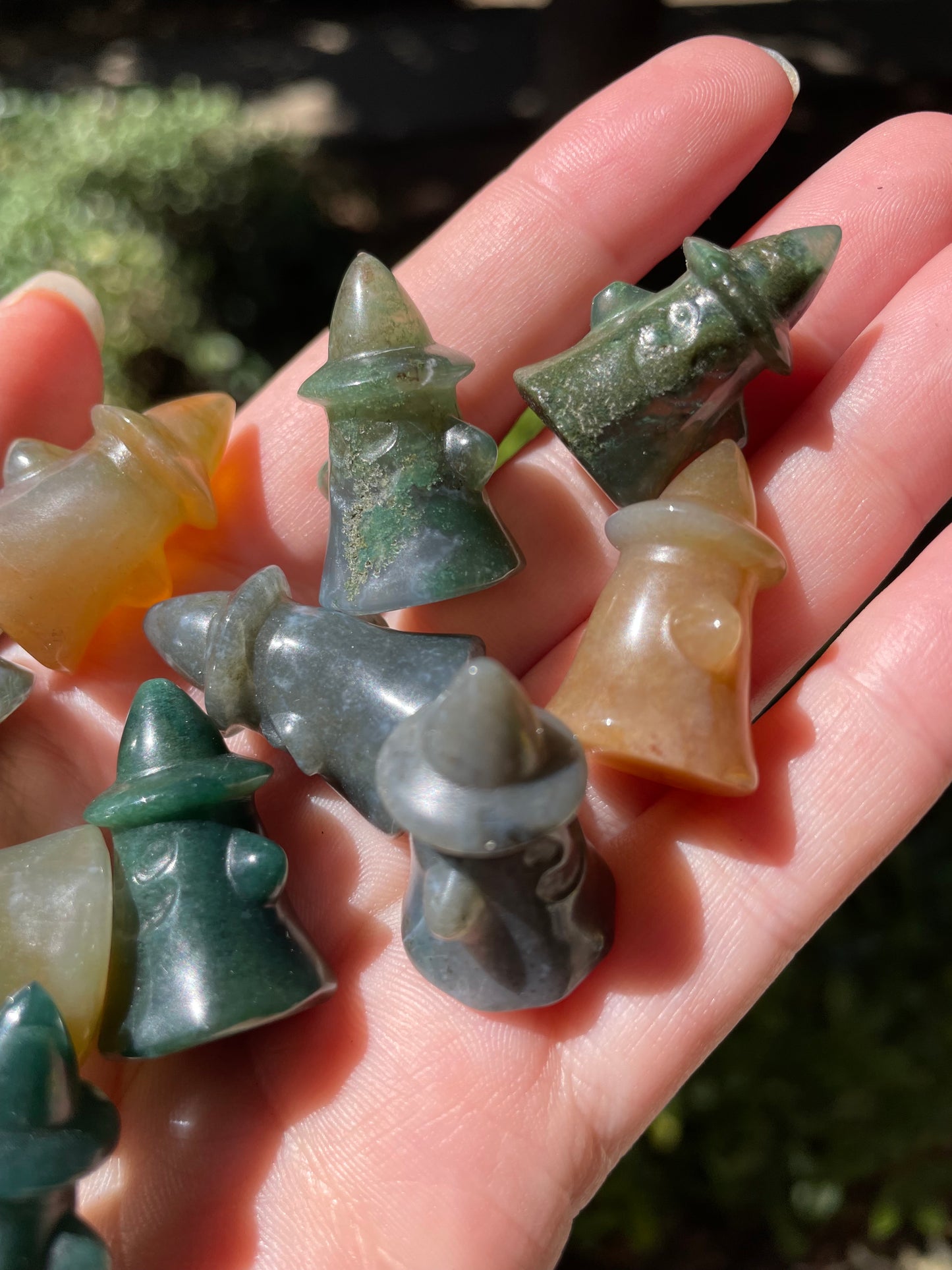 Small Crystal Ghosts with Witch Hats Halloween Carving, Quartz, Moss Agate, Aventurine, Obsidian, Labradorite