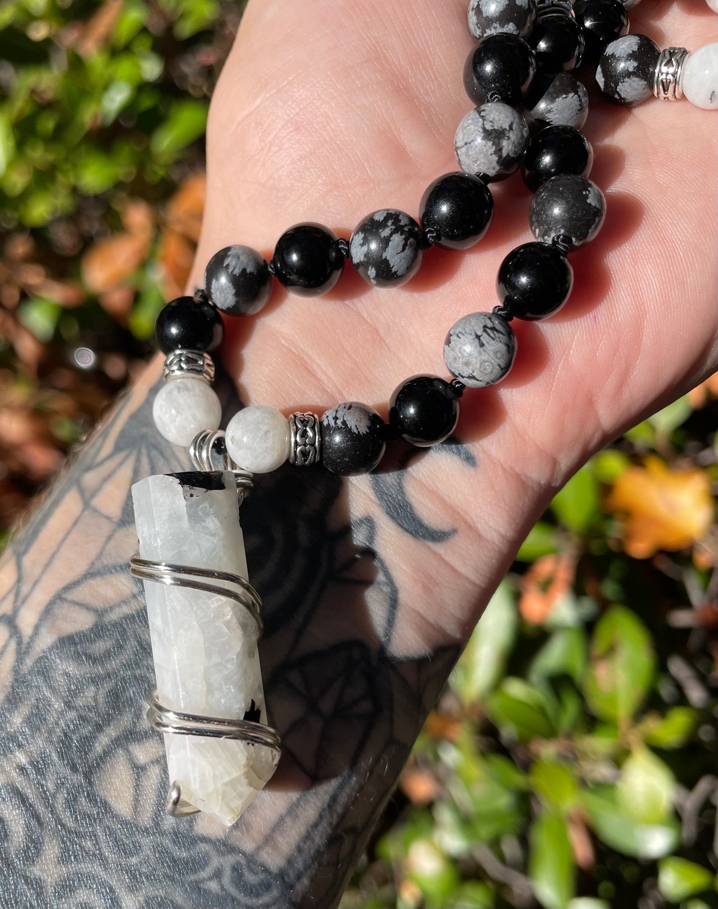 Shadow Work Crystal Mala with Obsidian, Moonstone, & Snowflake Obsidian