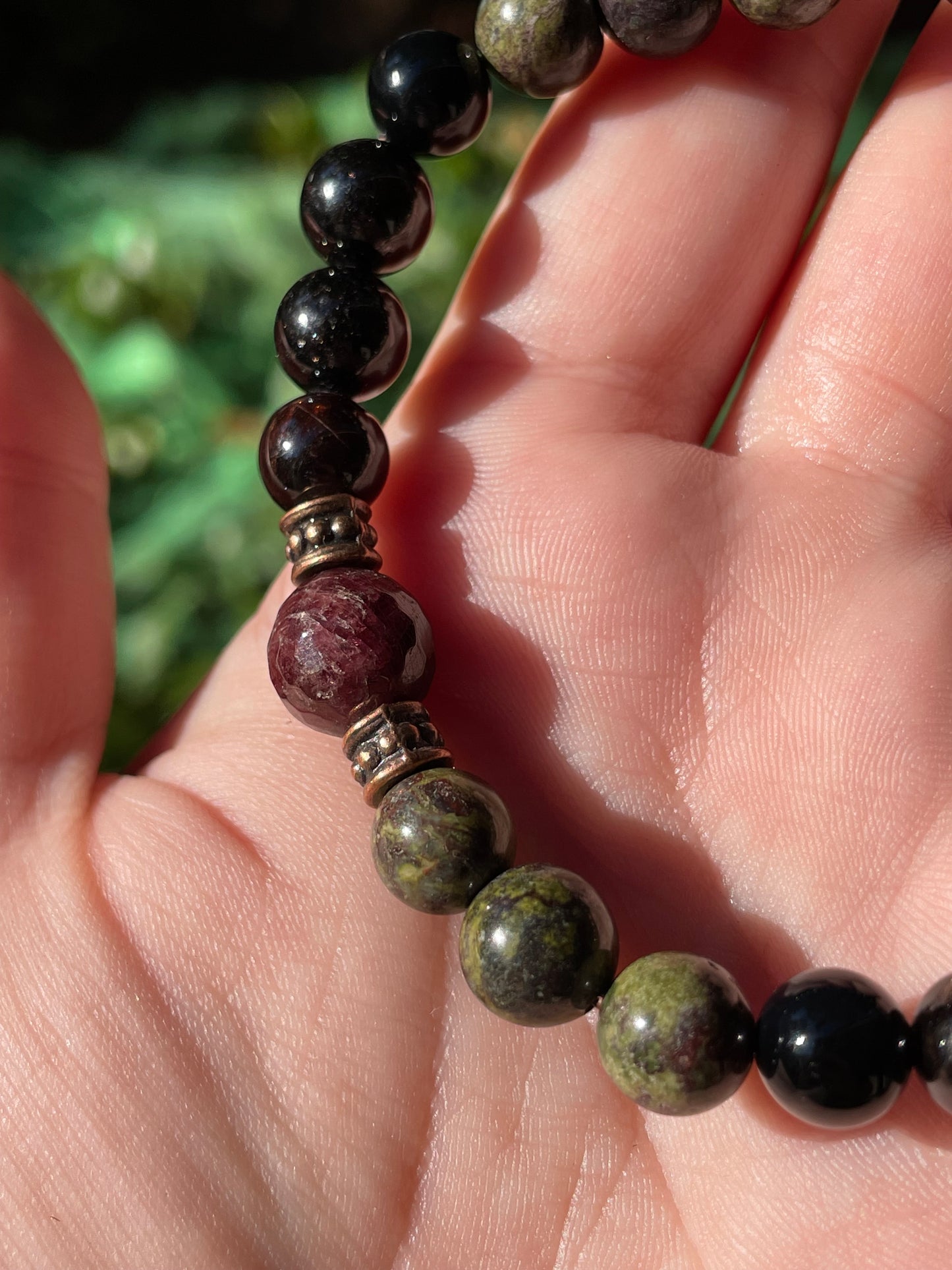 Masculine Inner Strength Crystal Bracelet with Garnet, Black Onyx, & Dragon Bloodstone