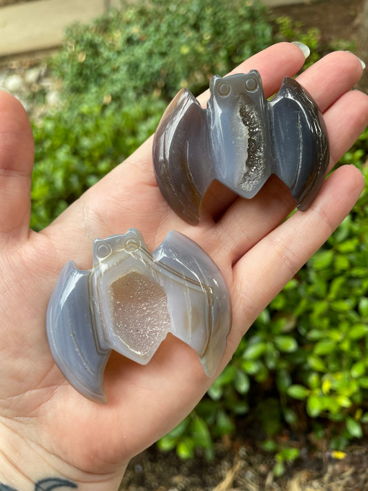 Gray Agate with Druzy Bat Carvings