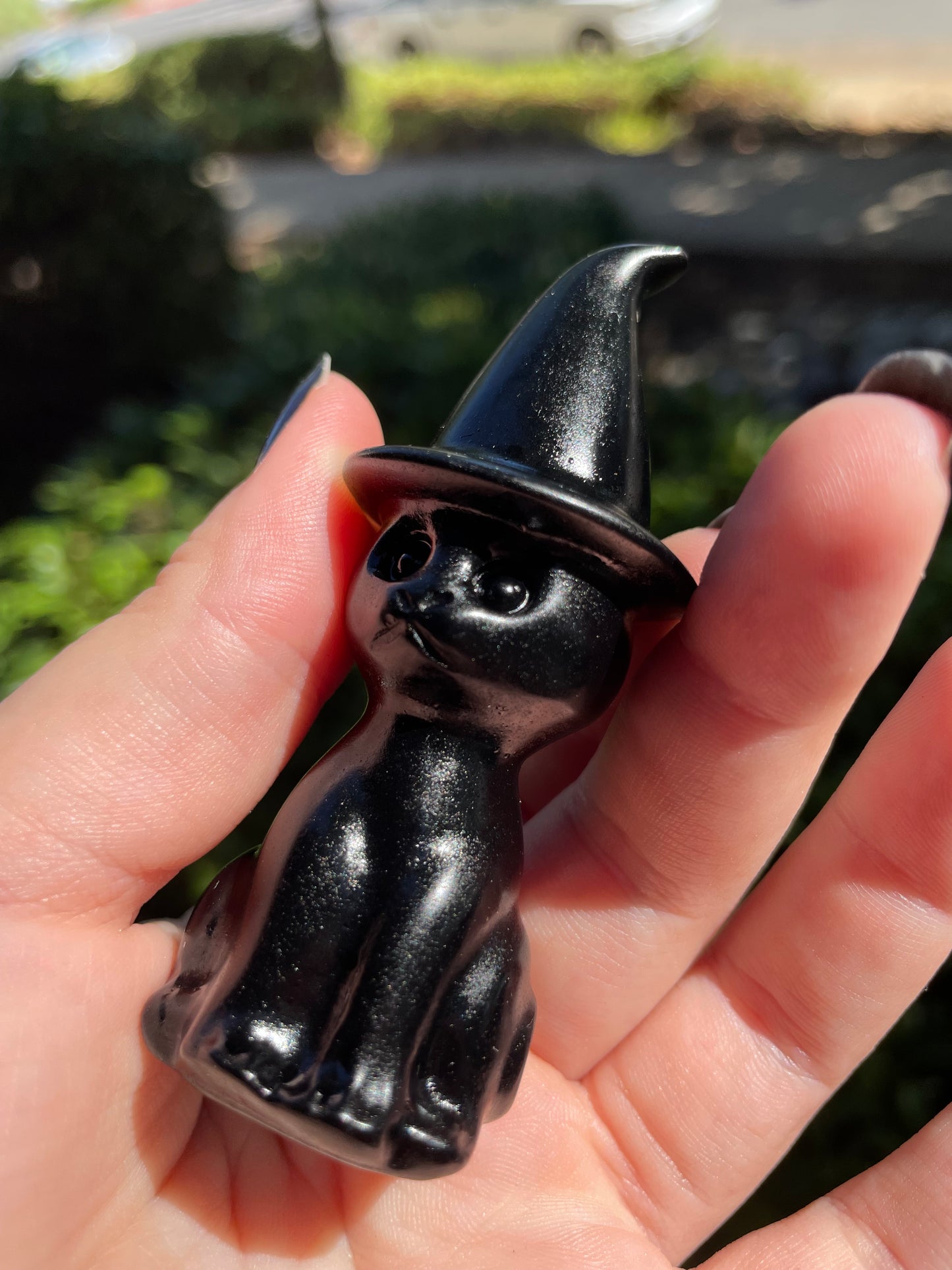 Obsidian Witch Cat Crystal Carving