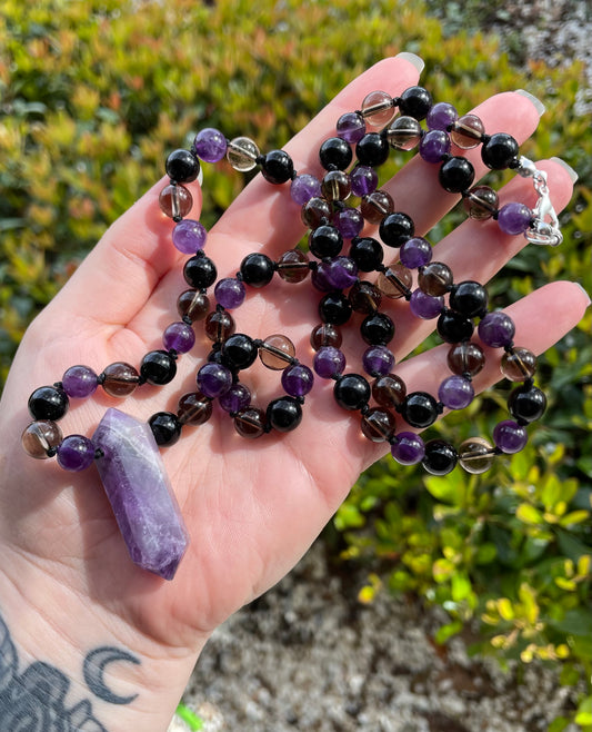 Grounding & Anxiety Help Amethyst, Obsidian, and Smokey Quartz Crystal Beaded Necklace