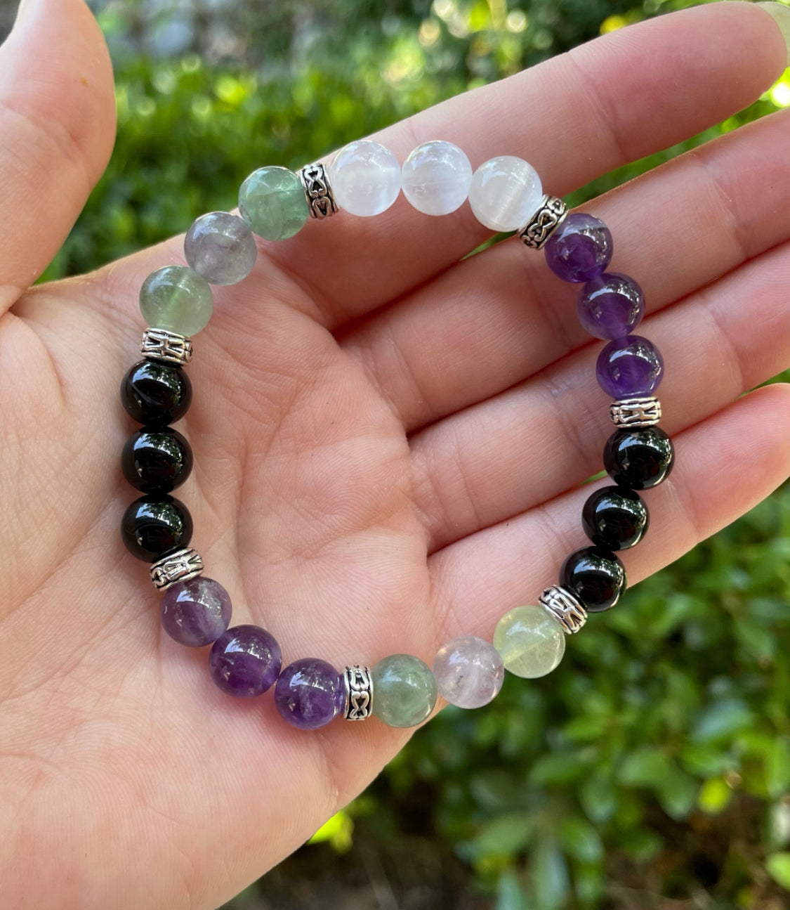 Anxiety Aid & Focus Crystal Bracelet with Fluorite, Amethyst, & Selenite, Black Obsidian