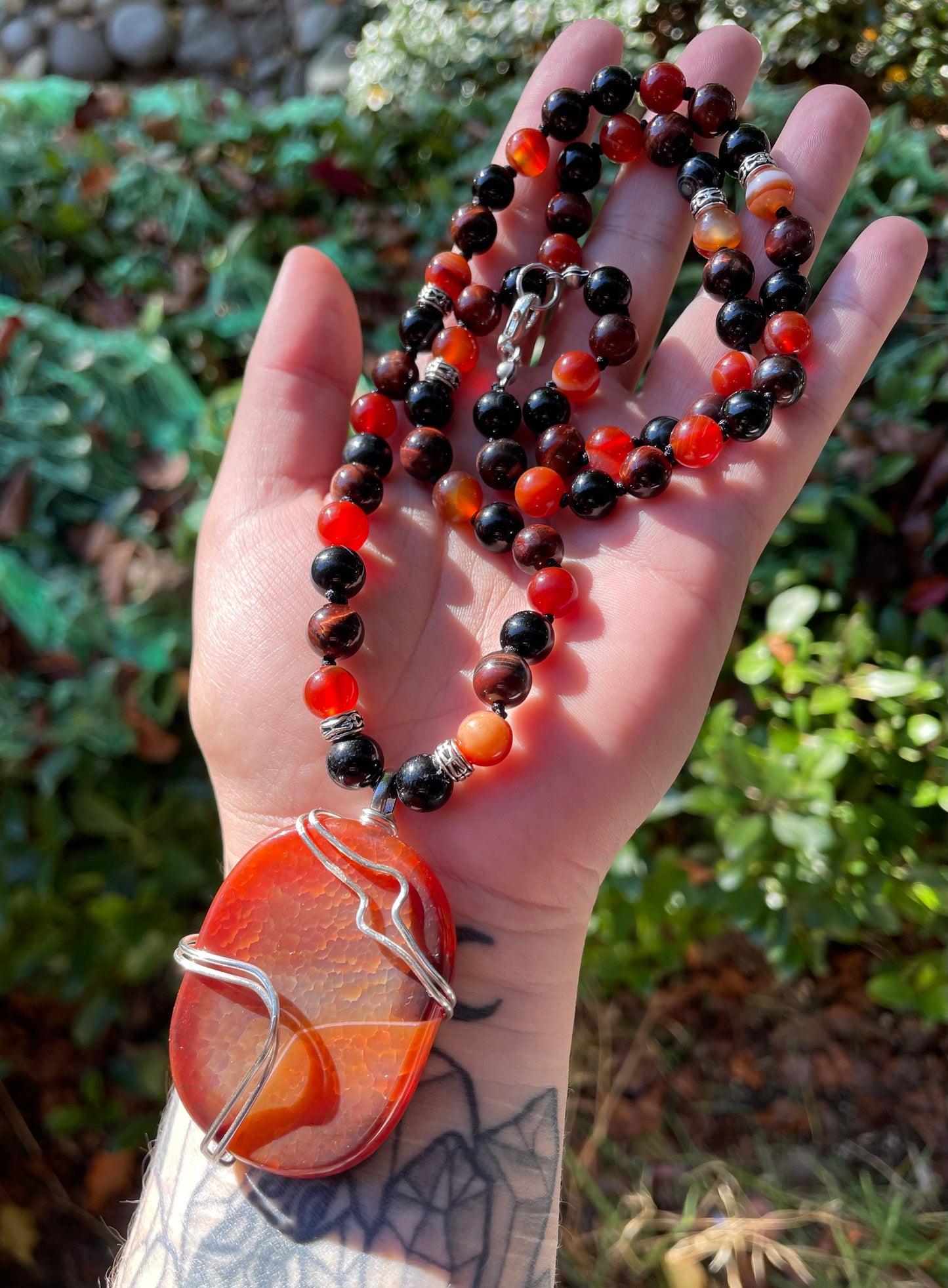 Confidence & Personal Power Fire Agate, Carnelian, Black Onyx, Red Tigers Eye Crystal Necklace