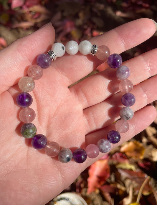 Self-Love Divine Feminine Heart Bracelet with Amethyst, Raspberry Aventurine, Unicorn Stone, & Moonstone