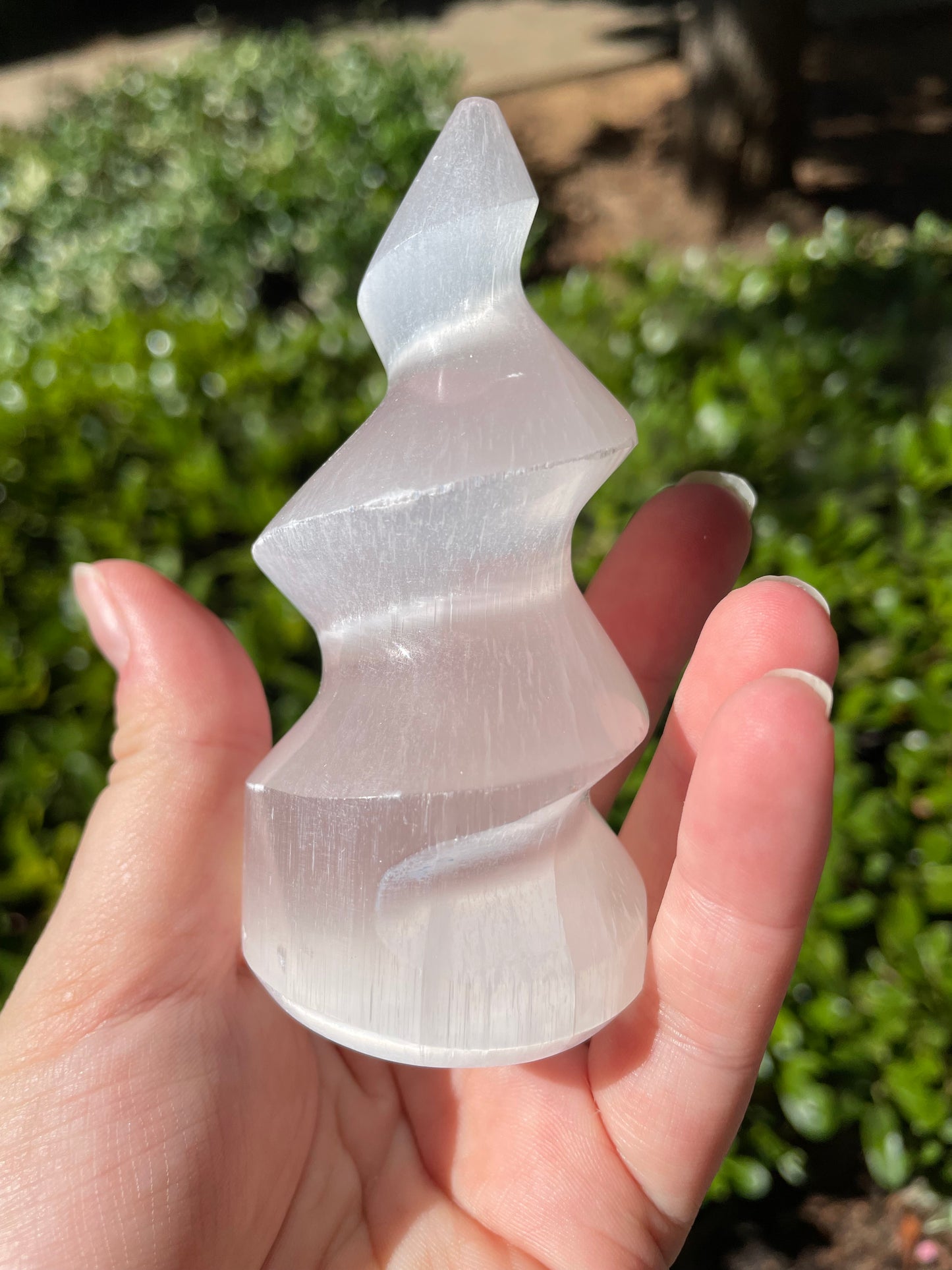 4” Satin Spar Selenite Unicorn Horn Spiral Tower Carving