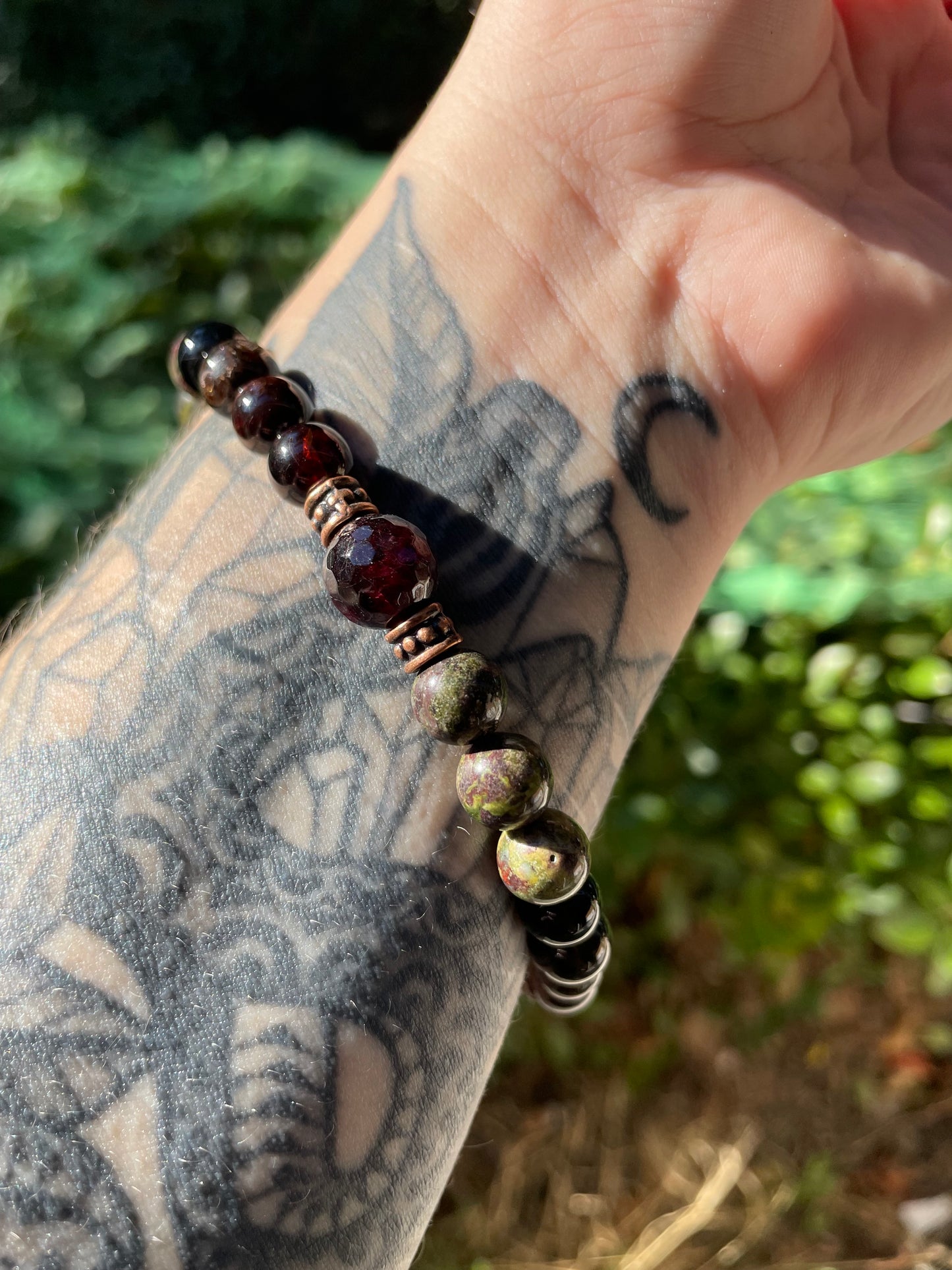 Masculine Inner Strength Crystal Bracelet with Garnet, Black Onyx, & Dragon Bloodstone